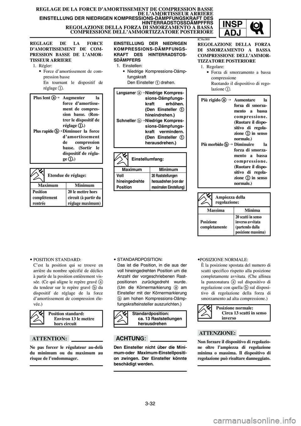 YAMAHA YZ125LC 2007  Notices Demploi (in French) 3-32
REGLAGE DE LA FORCE D’AMORTISSEMENT DE COMPRESSION BASSE
DE L’AMORTISSEUR ARRIERE
EINSTELLUNG DER NIEDRIGEN KOMPRESSIONS-DÄMPFUNGSKRAFT DES 
HINTERRADSTOSSDÄMPFFRS
REGOLAZIONE DELLA FORZA D