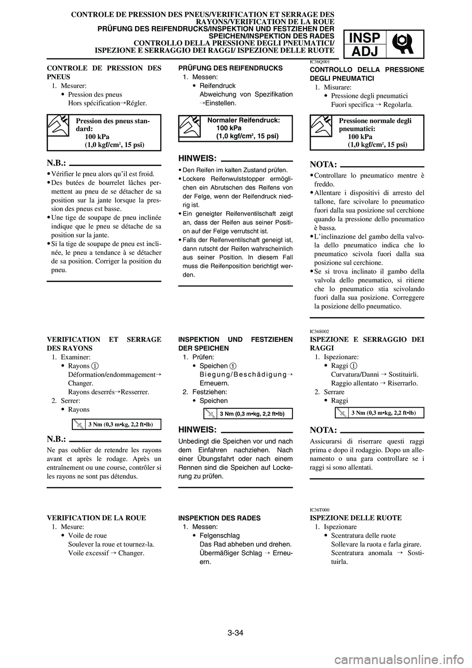 YAMAHA YZ125LC 2007  Notices Demploi (in French) 3-34
CONTROLE DE PRESSION DES PNEUS/VERIFICATION ET SERRAGE DES
RAYONS/VERIFICATION DE LA ROUE
PRÜFUNG DES REIFENDRUCKS/INSPEKTION UND FESTZIEHEN DER 
SPEICHEN/INSPEKTION DES RADES
CONTROLLO DELLA PR