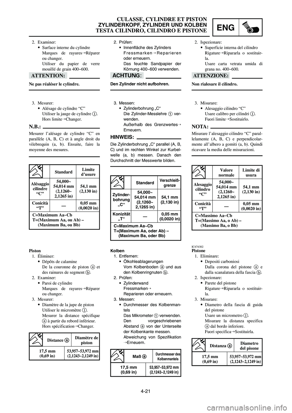 YAMAHA YZ125LC 2007  Notices Demploi (in French) 4-21
ENG
CULASSE, CYLINDRE ET PISTON
ZYLINDERKOPF, ZYLINDER UND KOLBEN
TESTA CILINDRO, CILINDRO E PISTONE
Kolben
1. Entfernen:
9Ölkohleablagerungen
Vom Kolbenboden aund aus
den Kolbenringnuten b.
2. 