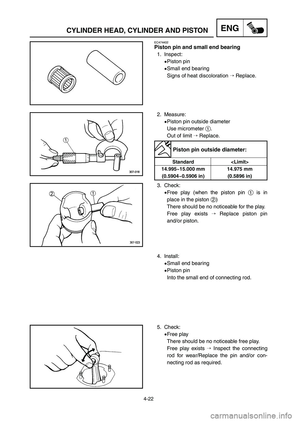 YAMAHA YZ125LC 2007  Notices Demploi (in French) 4-22
ENGCYLINDER HEAD, CYLINDER AND PISTON
EC474402
Piston pin and small end bearing
1. Inspect:
9Piston pin
9Small end bearing
Signs of heat discoloration Replace.
2. Measure:
9Piston pin outside di