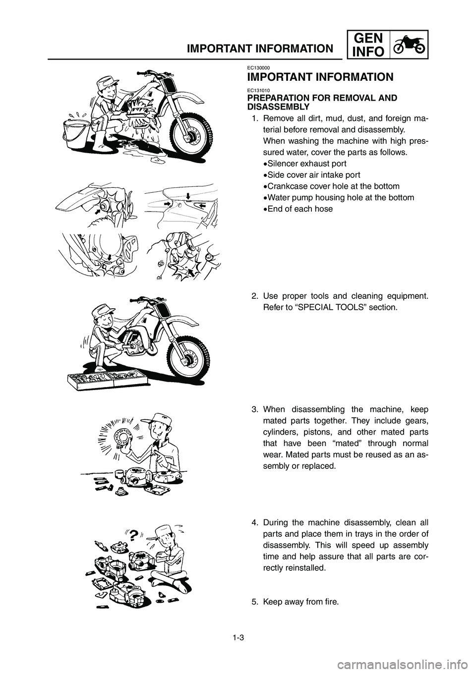 YAMAHA YZ125LC 2007 Notices Demploi (in French) 1-3
GEN
INFO
IMPORTANT INFORMATION
EC130000
IMPORTANT INFORMATION
EC131010
PREPARATION FOR REMOVAL AND
DISASSEMBLY
1. Remove all dirt, mud, dust, and foreign ma-
terial before removal and disassembly YAMAHA YZ125LC 2007 Notices Demploi (in French) 1-3
GEN
INFO
IMPORTANT INFORMATION
EC130000
IMPORTANT INFORMATION
EC131010
PREPARATION FOR REMOVAL AND
DISASSEMBLY
1. Remove all dirt, mud, dust, and foreign ma-
terial before removal and disassembly