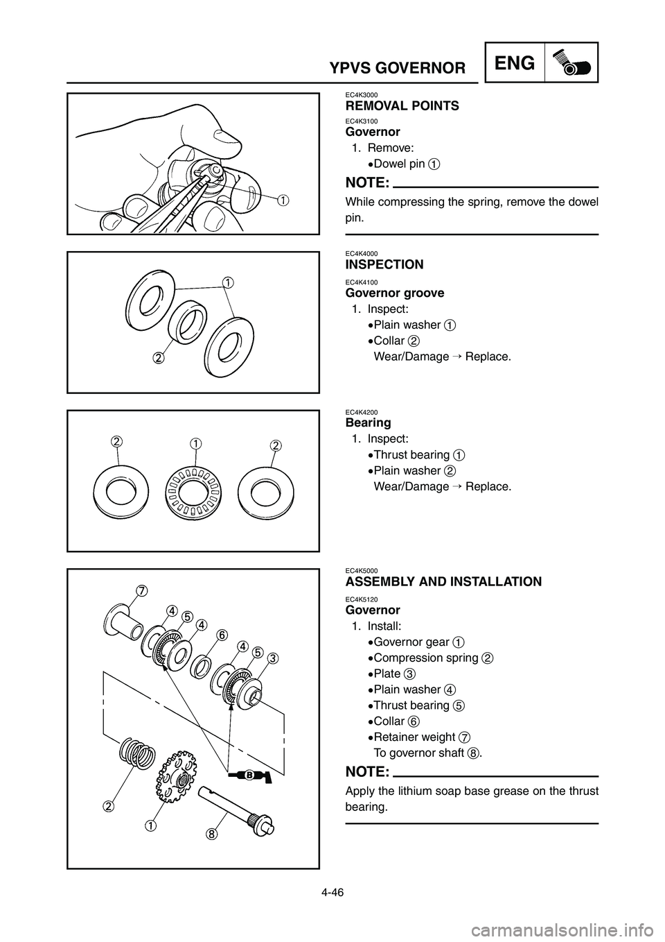 YAMAHA YZ125LC 2007  Notices Demploi (in French) 4-46
ENGYPVS GOVERNOR
EC4K3000
REMOVAL POINTS
EC4K3100
Governor
1. Remove:
9Dowel pin 1
NOTE:
While compressing the spring, remove the dowel
pin.
EC4K4000
INSPECTION
EC4K4100
Governor groove
1. Inspec