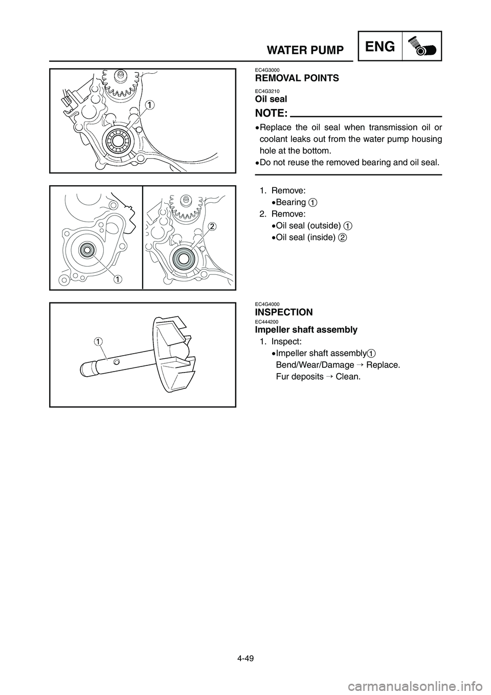YAMAHA YZ125LC 2007  Notices Demploi (in French) 4-49
ENGWATER PUMP
EC4G3000
REMOVAL POINTS
EC4G3210
Oil seal
NOTE:
9Replace the oil seal when transmission oil or
coolant leaks out from the water pump housing
hole at the bottom.
9Do not reuse the re