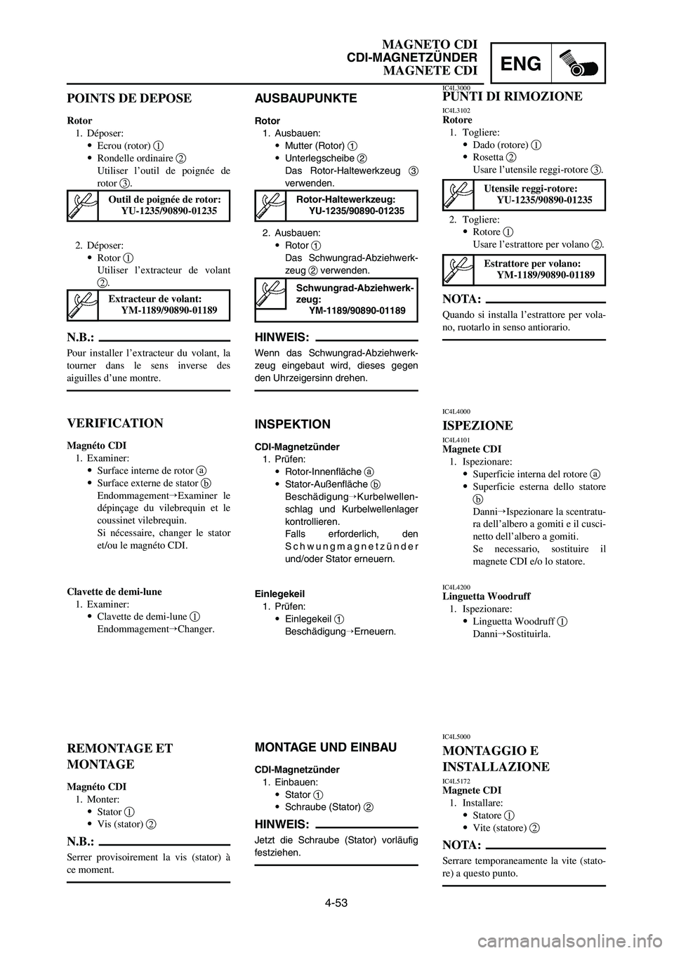 YAMAHA YZ125LC 2007  Notices Demploi (in French) 4-53
ENG
MAGNETO CDI
CDI-MAGNETZÜNDER
MAGNETE CDI
AUSBAUPUNKTE
Rotor
1. Ausbauen:
9Mutter (Rotor) 1
9Unterlegscheibe 2
Das Rotor-Haltewerkzeug 3
verwenden.
2. Ausbauen:
9Rotor 1
Das Schwungrad-Abzieh