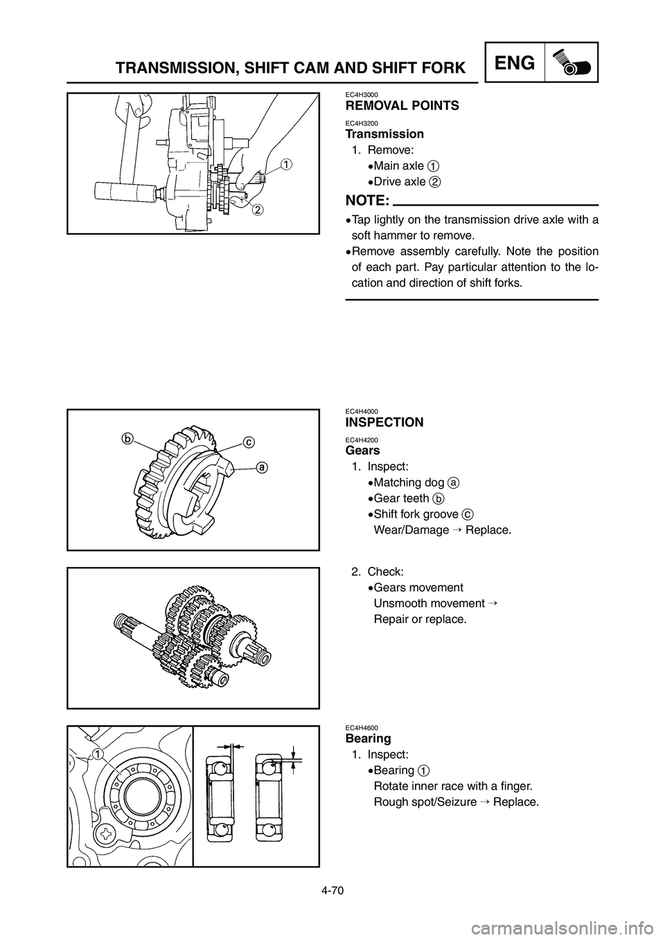 YAMAHA YZ125LC 2007  Notices Demploi (in French) 4-70
ENGTRANSMISSION, SHIFT CAM AND SHIFT FORK
EC4H3000
REMOVAL POINTS
EC4H3200
Transmission
1. Remove:
9Main axle 1
9Drive axle 2
NOTE:
9Tap lightly on the transmission drive axle with a
soft hammer 