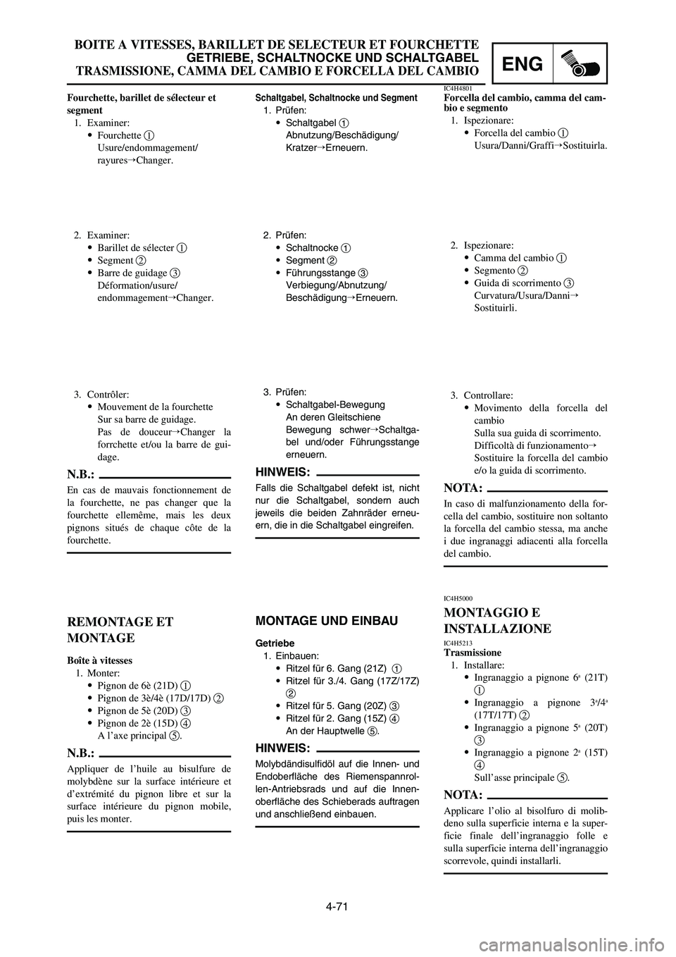 YAMAHA YZ125LC 2007  Notices Demploi (in French) 4-71
ENG
BOITE A VITESSES, BARILLET DE SELECTEUR ET FOURCHETTE
GETRIEBE, SCHALTNOCKE UND SCHALTGABEL
TRASMISSIONE, CAMMA DEL CAMBIO E FORCELLA DEL CAMBIO
Schaltgabel, Schaltnocke und Segment
1. Prüfe