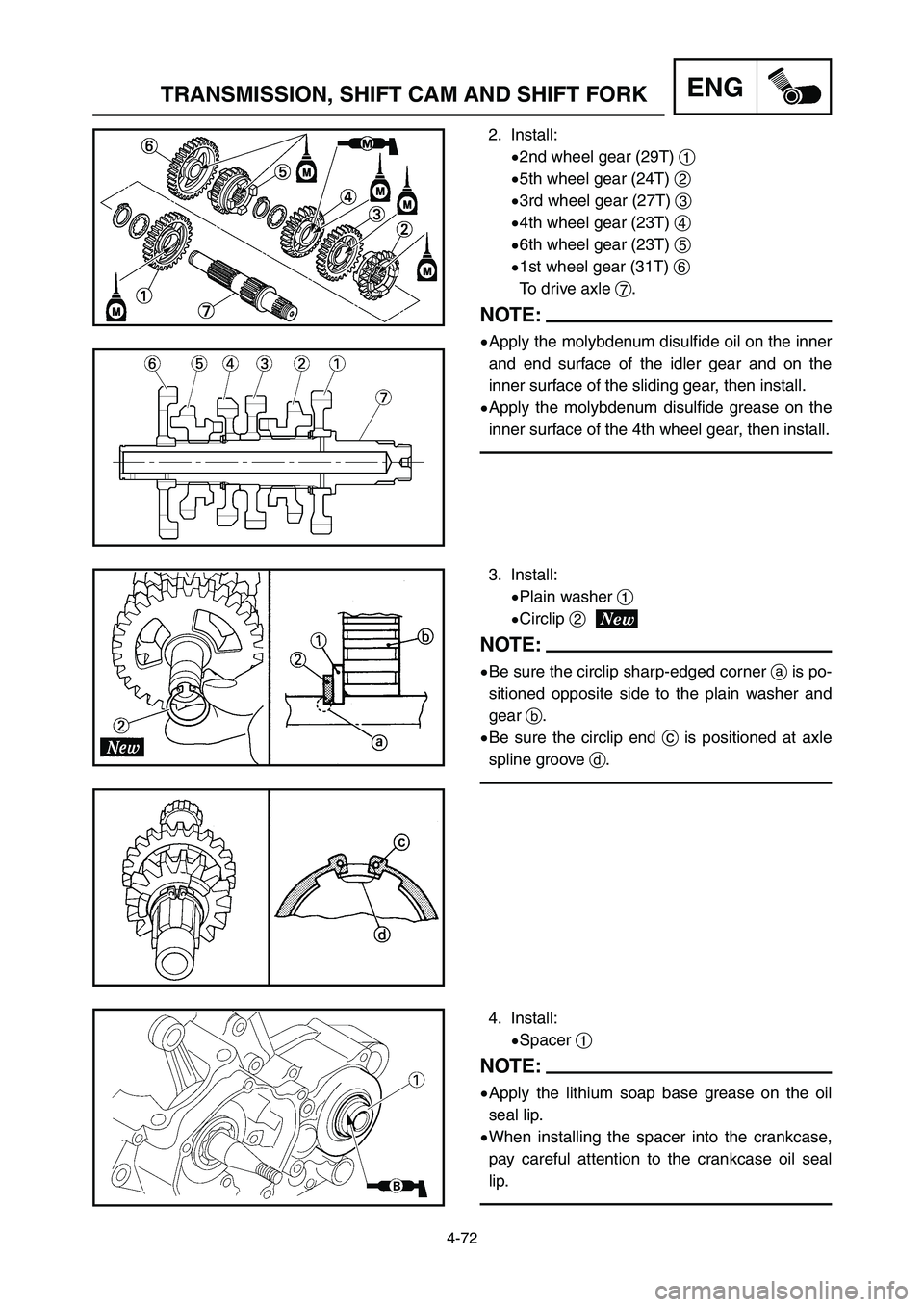 YAMAHA YZ125LC 2007  Notices Demploi (in French) 4-72
ENGTRANSMISSION, SHIFT CAM AND SHIFT FORK
2. Install:
92nd wheel gear (29T) 1
95th wheel gear (24T) 2
93rd wheel gear (27T) 3
94th wheel gear (23T) 4
96th wheel gear (23T) 5
91st wheel gear (31T)