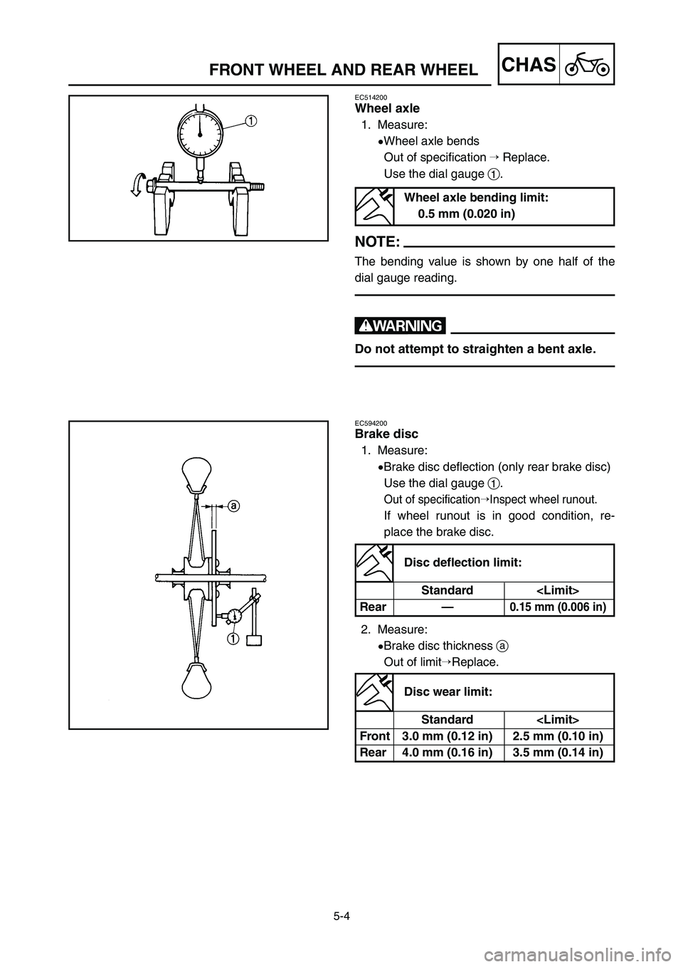 YAMAHA YZ125LC 2007  Notices Demploi (in French) 5-4
CHASFRONT WHEEL AND REAR WHEEL
EC514200
Wheel axle
1. Measure:
9Wheel axle bends
Out of specificationReplace.
Use the dial gauge 1.
NOTE:
The bending value is shown by one half of the
dial gauge 