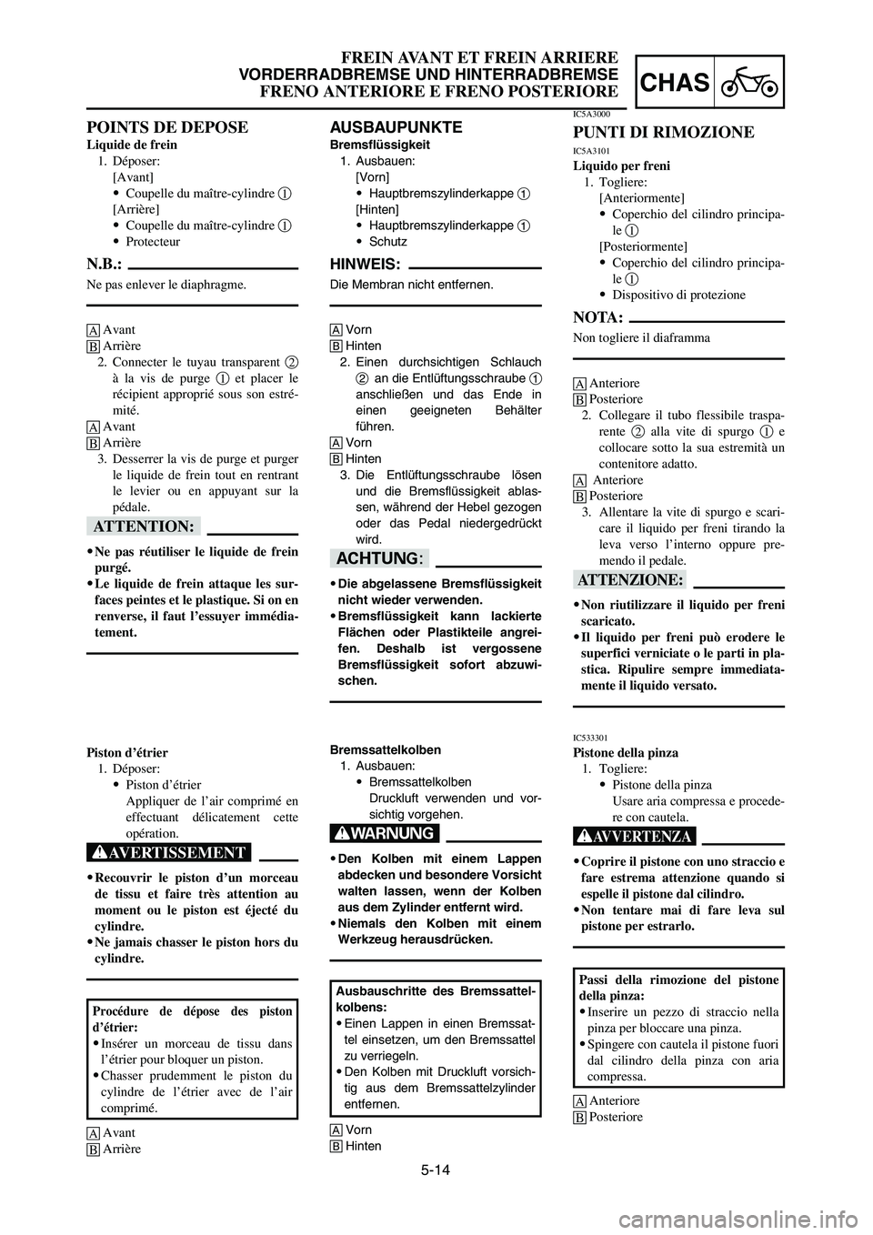 YAMAHA YZ125LC 2007  Notices Demploi (in French) 5-14
CHAS
FREIN AVANT ET FREIN ARRIERE
VORDERRADBREMSE UND HINTERRADBREMSE
FRENO ANTERIORE E FRENO POSTERIORE
AUSBAUPUNKTE
Bremsflüssigkeit
1. Ausbauen:
[Vorn]
9Hauptbremszylinderkappe 1
[Hinten]
9Ha