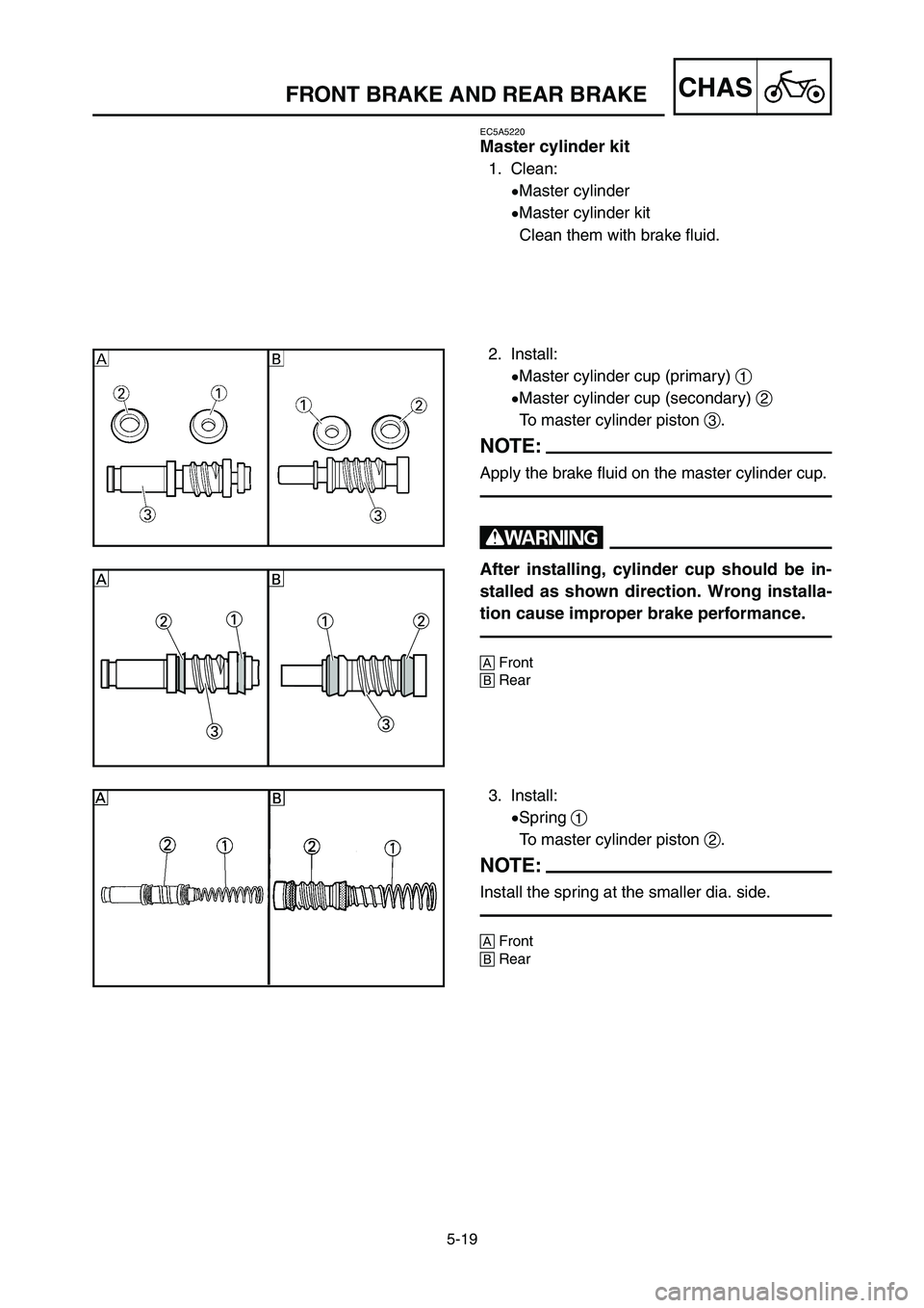 YAMAHA YZ125LC 2007  Notices Demploi (in French) 5-19
CHASFRONT BRAKE AND REAR BRAKE 
EC5A5220
Master cylinder kit
1. Clean:
9Master cylinder
9Master cylinder kit
Clean them with brake fluid.
2. Install:
9Master cylinder cup (primary) 1
9Master cyli