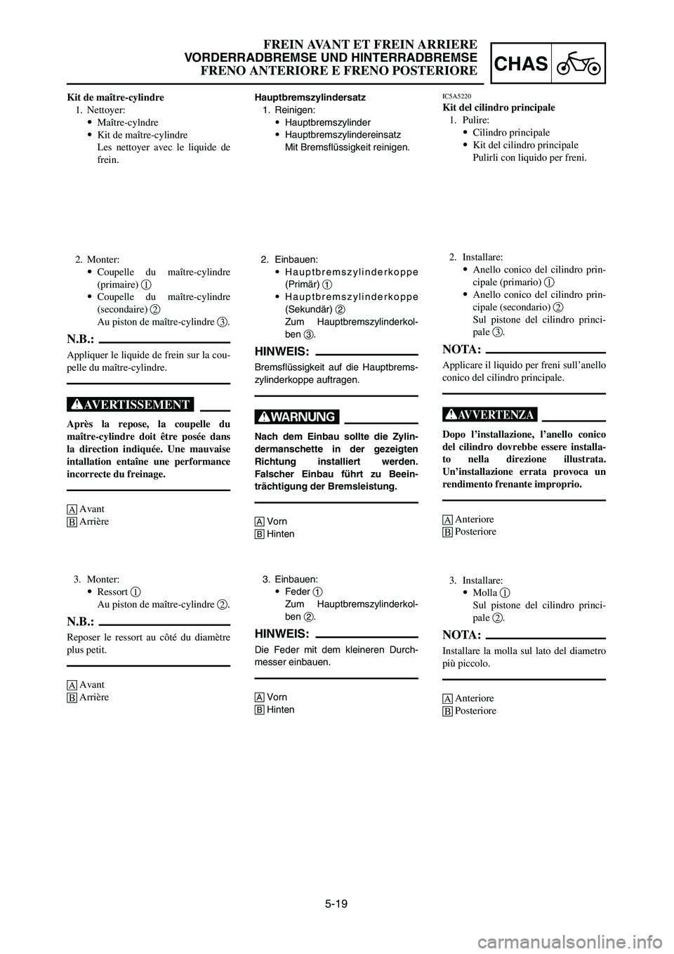 YAMAHA YZ125LC 2007  Notices Demploi (in French) 5-19
CHAS
FREIN AVANT ET FREIN ARRIERE
VORDERRADBREMSE UND HINTERRADBREMSE
FRENO ANTERIORE E FRENO POSTERIORE
Hauptbremszylindersatz
1. Reinigen:
9Hauptbremszylinder
9Hauptbremszylindereinsatz
Mit Bre