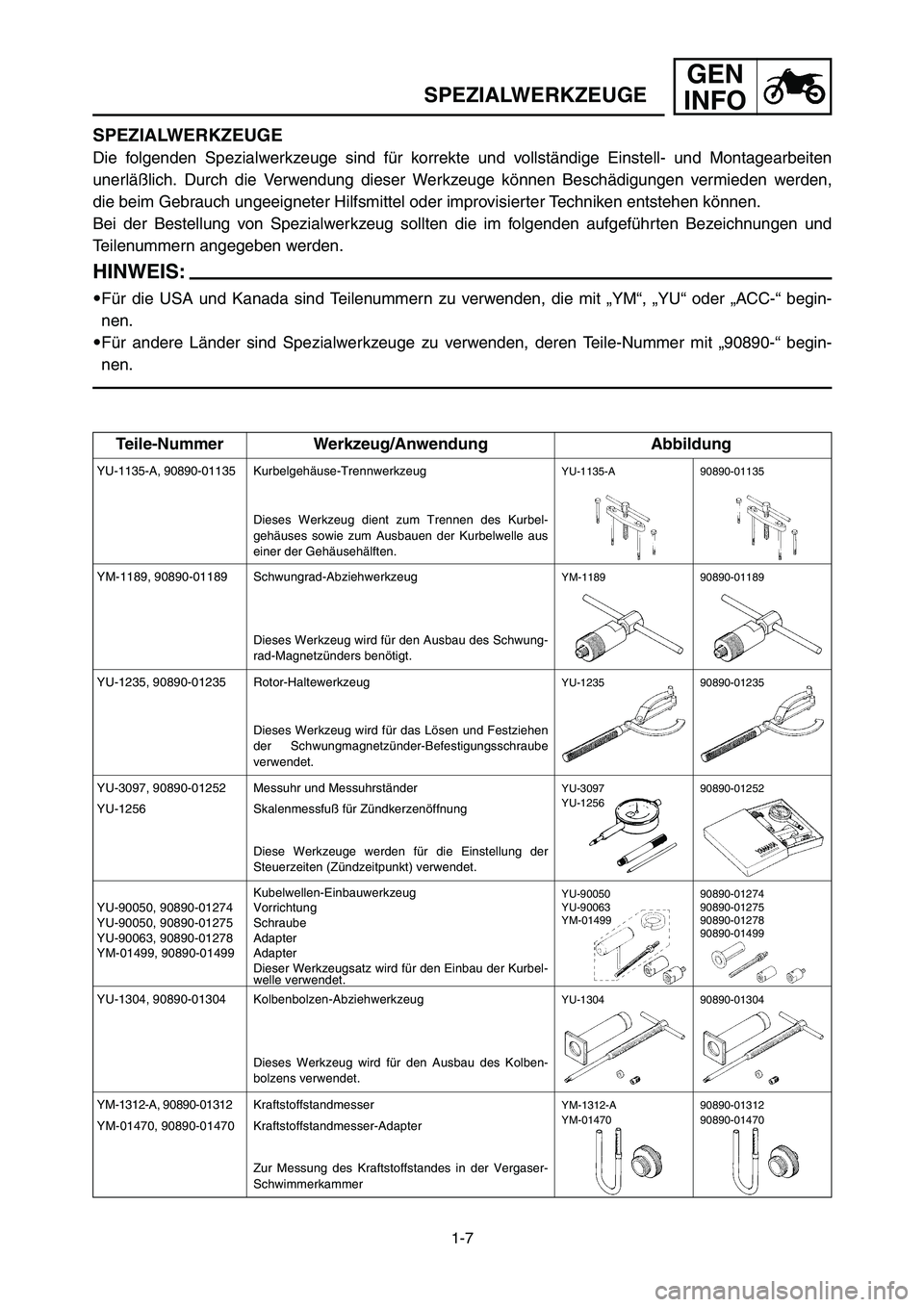YAMAHA YZ125LC 2007 Notices Demploi (in French) 1-7
GEN
INFO
SPEZIALWERKZEUGE
SPEZIALWERKZEUGE
Die folgenden Spezialwerkzeuge sind für korrekte und vollständige Einstell- und Montagearbeiten
unerläßlich. Durch die Verwendung dieser Werkzeuge k YAMAHA YZ125LC 2007 Notices Demploi (in French) 1-7
GEN
INFO
SPEZIALWERKZEUGE
SPEZIALWERKZEUGE
Die folgenden Spezialwerkzeuge sind für korrekte und vollständige Einstell- und Montagearbeiten
unerläßlich. Durch die Verwendung dieser Werkzeuge k