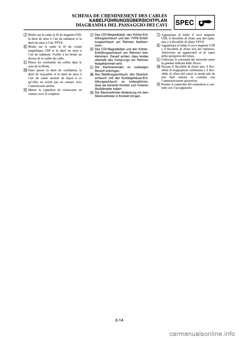 YAMAHA YZ125LC 2006 Notices Demploi (in French) 2-14
SPEC
SCHEMA DE CHEMINEMENT DES CABLES
KABELFÜHRUNGSÜBERSICHTPLAN
DIAGRAMMA DEL PASSAGGIO DEI CAVI
JDas CDI-Magnetkabel, den Kühler-Ent-
lüftungsschlauch und den YVPS-Entlüf-
tungsschlauch am YAMAHA YZ125LC 2006 Notices Demploi (in French) 2-14
SPEC
SCHEMA DE CHEMINEMENT DES CABLES
KABELFÜHRUNGSÜBERSICHTPLAN
DIAGRAMMA DEL PASSAGGIO DEI CAVI
JDas CDI-Magnetkabel, den Kühler-Ent-
lüftungsschlauch und den YVPS-Entlüf-
tungsschlauch am