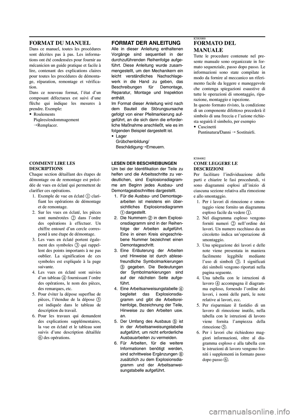 YAMAHA YZ125LC 2006 Notices Demploi (in French) FORMAT DER ANLEITUNG
Alle in dieser Anleitung enthaltenen
Vorgänge sind sequentiell in der
durchzuführenden Reihenfolge aufge-
führt. Diese Anleitung wurde zusam-
mengestellt, um den Mechanikern ei YAMAHA YZ125LC 2006 Notices Demploi (in French) FORMAT DER ANLEITUNG
Alle in dieser Anleitung enthaltenen
Vorgänge sind sequentiell in der
durchzuführenden Reihenfolge aufge-
führt. Diese Anleitung wurde zusam-
mengestellt, um den Mechanikern ei