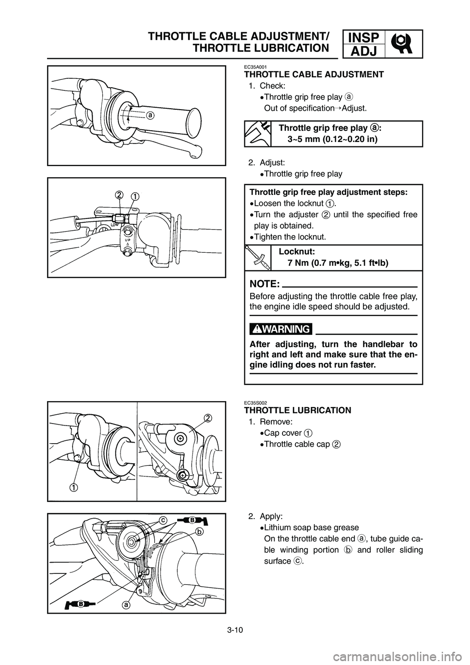 YAMAHA YZ125LC 2006  Notices Demploi (in French) 3-10
INSP
ADJTHROTTLE CABLE ADJUSTMENT/
THROTTLE LUBRICATION
EC35A001
THROTTLE CABLE ADJUSTMENT
1. Check:
9Throttle grip free play a
Out of specificationAdjust.
2. Adjust:
9Throttle grip free play
EC