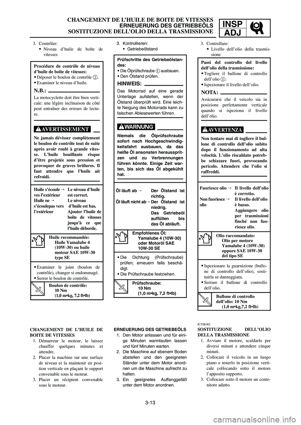YAMAHA YZ125LC 2006  Notices Demploi (in French) 3-13
CHANGEMENT DE L’HUILE DE BOITE DE VITESSES
ERNEUERUNG DES GETRIEBEÖLS
SOSTITUZIONE DELL’OLIO DELLA TRASMISSIONE
INSP
ADJ
Prüfschritte des Getriebeölstan-
des:
9
Die Ölprüfschraube 1ausba