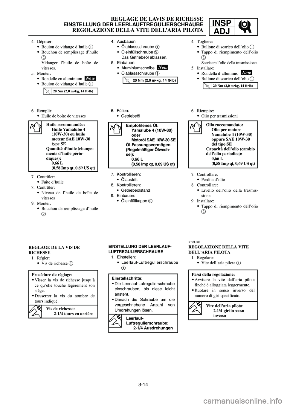 YAMAHA YZ125LC 2006  Notices Demploi (in French) Einstellschritte:
9Die Leerlauf-Lufregulierschraube
einschrauben, bis diese leicht
ansteht.
9Danach die Schraube um die
vorgeschriebene Anzahl von
Umdrehungen lösen.
3-14
REGLAGE DE LAVIS DE RICHESSE