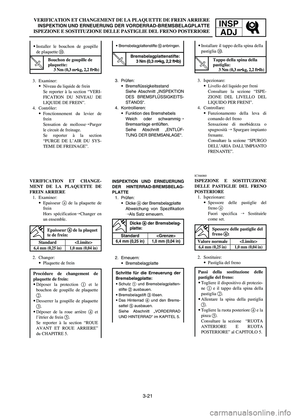 YAMAHA YZ125LC 2006  Notices Demploi (in French) 3-21
VERIFICATION ET CHANGEMENT DE LA PLAQUETTE DE FREIN ARRIERE
INSPEKTION UND ERNEUERUNG DER VORDERRAD-BREMSBELAGPLATTE
ISPEZIONE E SOSTITUZIONE DELLE PASTIGLIE DEL FRENO POSTERIORE
INSP
ADJ
9Bremsb