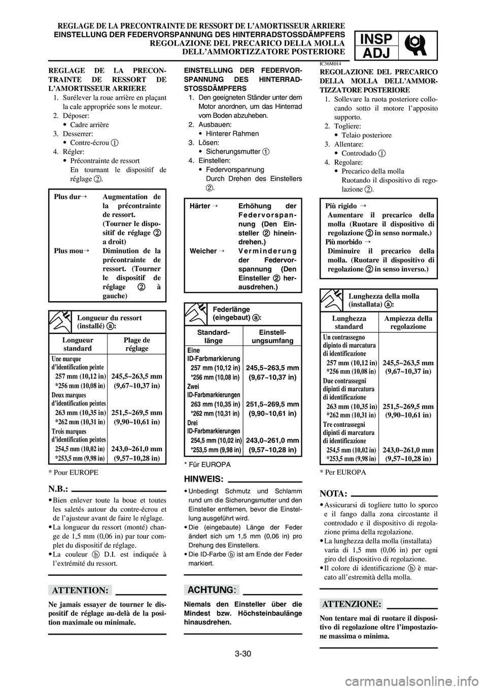 YAMAHA YZ125LC 2006  Notices Demploi (in French) 3-30
REGLAGE DE LA PRECONTRAINTE DE RESSORT DE L’AMORTISSEUR ARRIERE
EINSTELLUNG DER FEDERVORSPANNUNG DES HINTERRADSTOSSDÄMPFERS
REGOLAZIONE DEL PRECARICO DELLA MOLLA 
DELL’AMMORTIZZATORE POSTERI