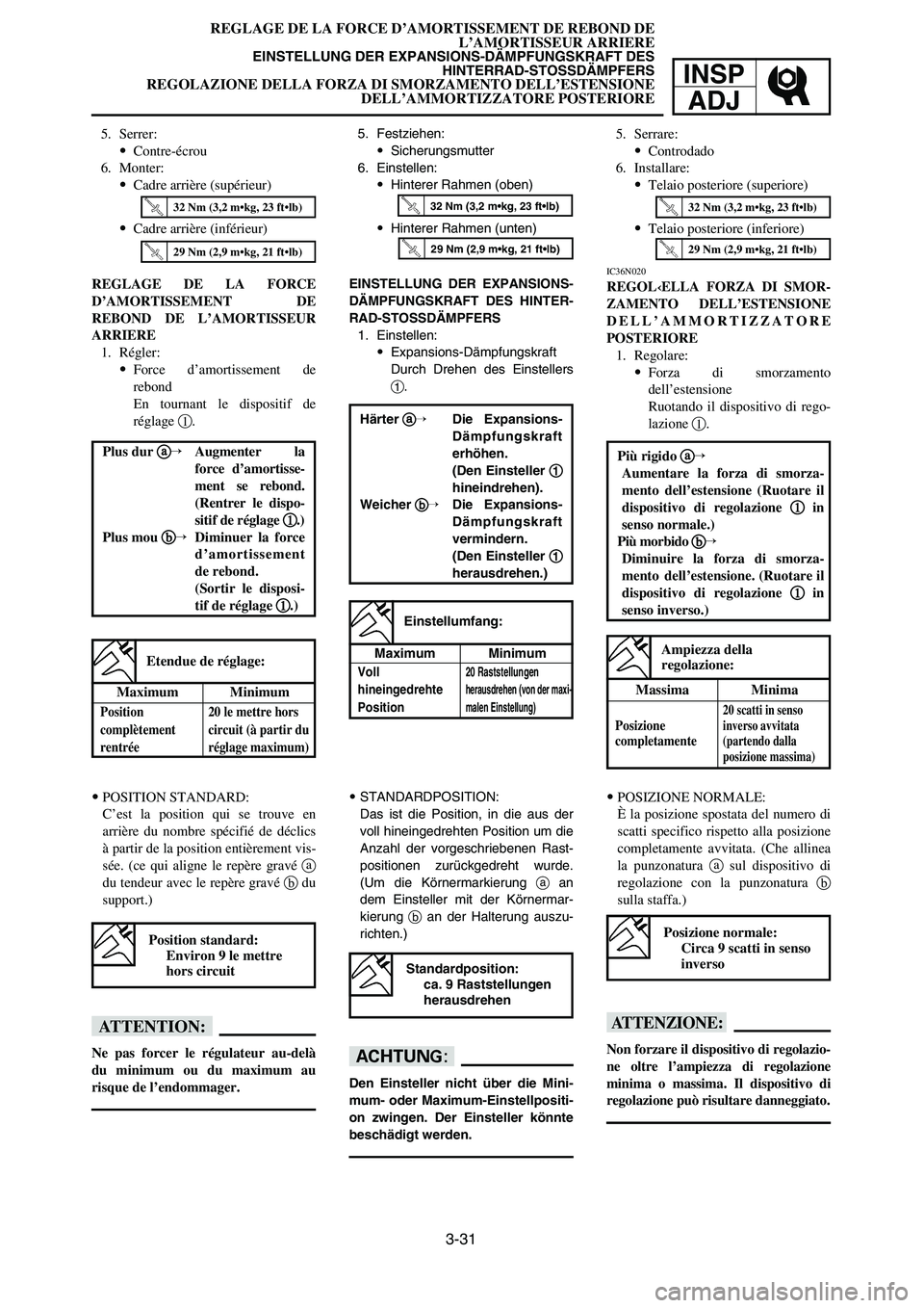 YAMAHA YZ125LC 2006  Notices Demploi (in French) 3-31
REGLAGE DE LA FORCE D’AMORTISSEMENT DE REBOND DE 
L’AMORTISSEUR ARRIERE
EINSTELLUNG DER EXPANSIONS-DÄMPFUNGSKRAFT DES 
HINTERRAD-STOSSDÄMPFERS
REGOLAZIONE DELLA FORZA DI SMORZAMENTO DELL’
