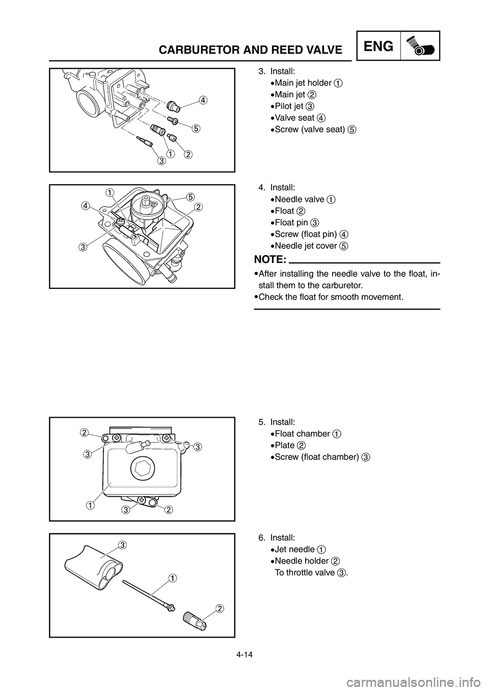 YAMAHA YZ125LC 2006  Notices Demploi (in French) 4-14
ENGCARBURETOR AND REED VALVE
3. Install:
9Main jet holder 1
9Main jet 2
9Pilot jet 3
9Valve seat 4
9Screw (valve seat) 5
4. Install:
9Needle valve 1
9Float 2
9Float pin 3
9Screw (float pin) 4
9Ne