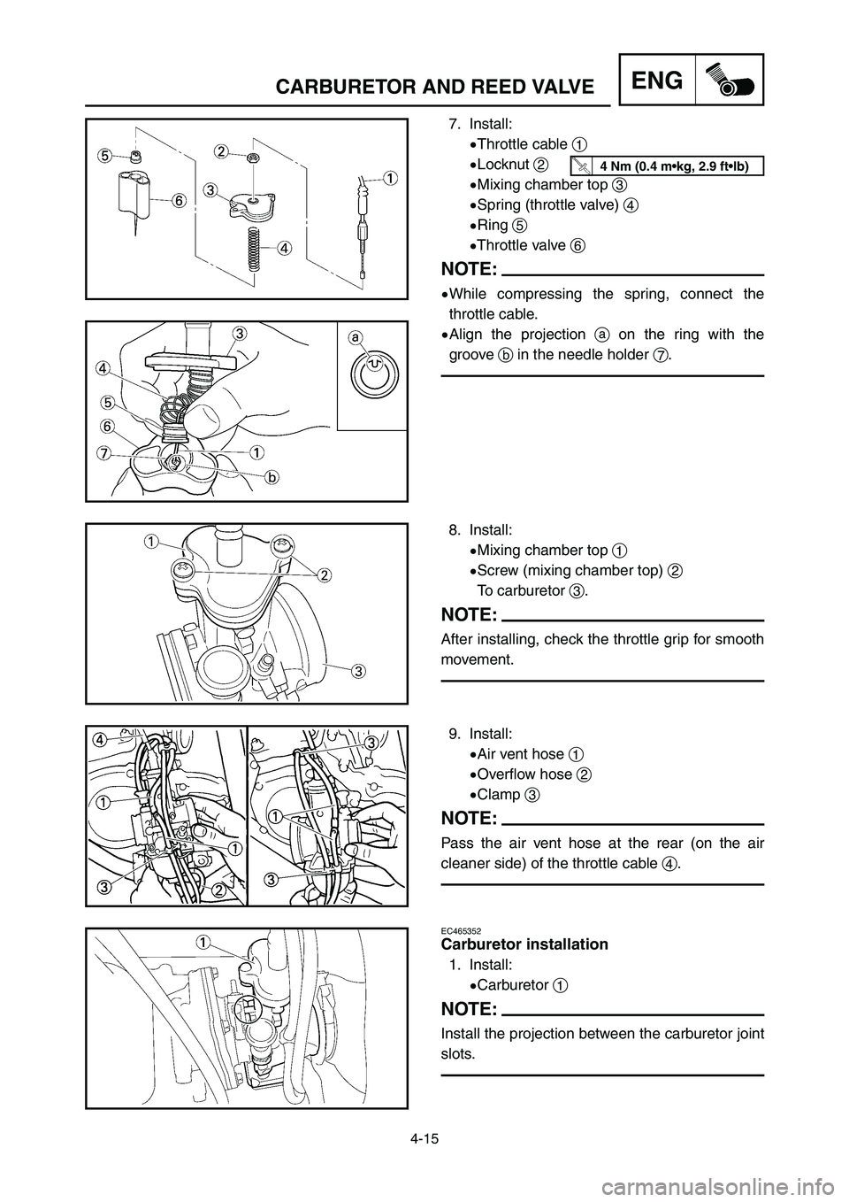 YAMAHA YZ125LC 2006  Notices Demploi (in French) 4-15
ENGCARBURETOR AND REED VALVE
7. Install:
9Throttle cable 1
9Locknut 2
9Mixing chamber top 3
9Spring (throttle valve) 4
9Ring 5
9Throttle valve 6
NOTE:
9While compressing the spring, connect the
t