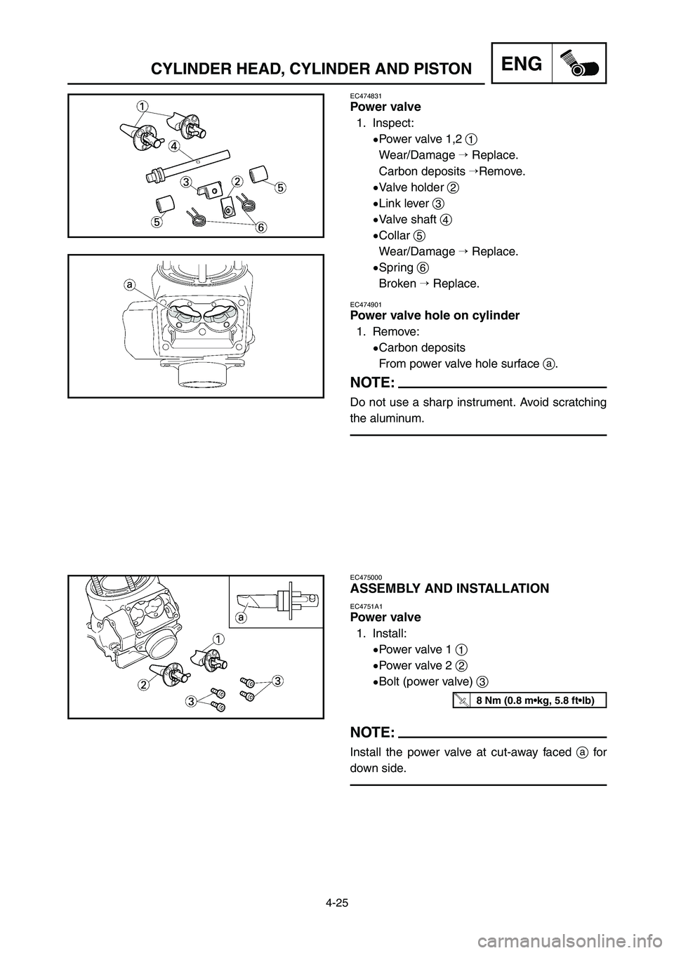 YAMAHA YZ125LC 2006  Notices Demploi (in French) 4-25
ENGCYLINDER HEAD, CYLINDER AND PISTON
EC474831
Power valve
1. Inspect:
9Power valve 1,2 1
Wear/Damage Replace.
Carbon deposits Remove.
9Valve holder 2
9Link lever 3
9Valve shaft 4
9Collar 5
Wea