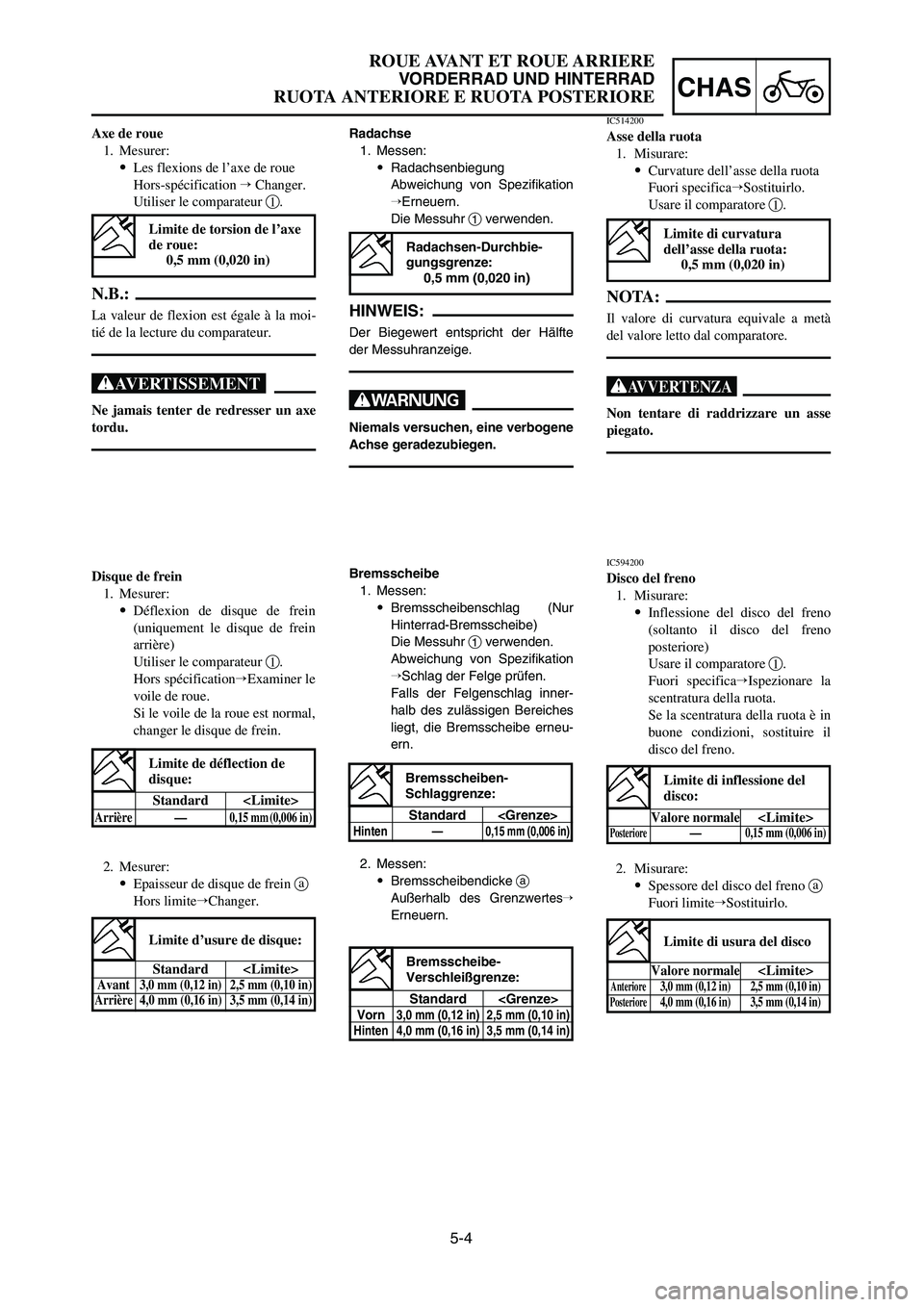 YAMAHA YZ125LC 2006  Notices Demploi (in French) 5-4
CHAS
ROUE AVANT ET ROUE ARRIERE
VORDERRAD UND HINTERRAD
RUOTA ANTERIORE E RUOTA POSTERIORE
Disque de frein
1. Mesurer:
9Déflexion de disque de frein
(uniquement le disque de frein
arrière)
Utili
