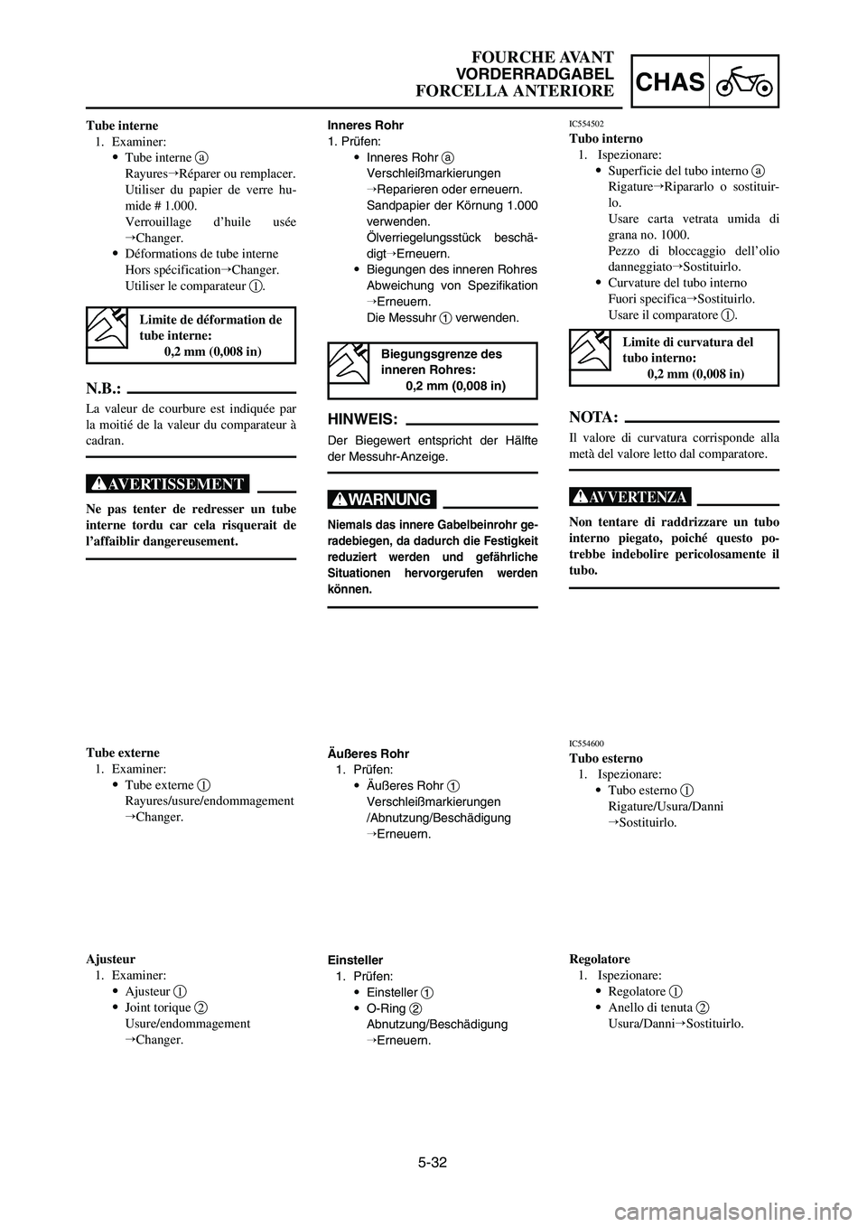 YAMAHA YZ125LC 2006  Notices Demploi (in French) 5-32
CHAS
FOURCHE AVANT
VORDERRADGABEL
FORCELLA ANTERIORE
Tube interne
1. Examiner:
9Tube interne a
RayuresRéparer ou remplacer.
Utiliser du papier de verre hu-
mide # 1.000.
Verrouillage d’huile 