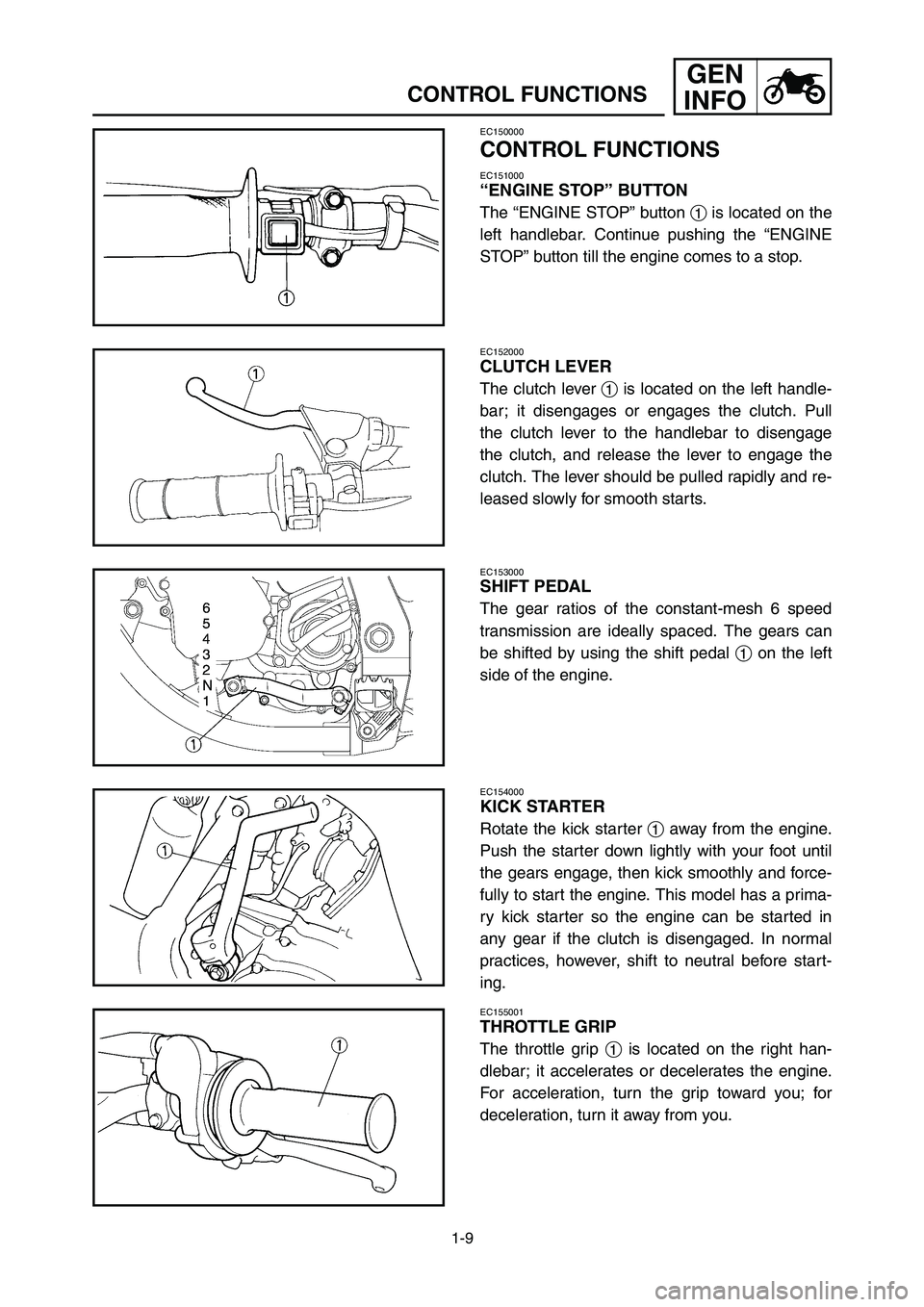 YAMAHA YZ125LC 2006 Owners Manual 1-9
GEN
INFO
CONTROL FUNCTIONS
EC150000
CONTROL FUNCTIONS
EC151000
“ENGINE STOP” BUTTON
The “ENGINE STOP” button 1is located on the
left handlebar. Continue pushing the “ENGINE
STOP” butto YAMAHA YZ125LC 2006 Owners Manual 1-9
GEN
INFO
CONTROL FUNCTIONS
EC150000
CONTROL FUNCTIONS
EC151000
“ENGINE STOP” BUTTON
The “ENGINE STOP” button 1is located on the
left handlebar. Continue pushing the “ENGINE
STOP” butto