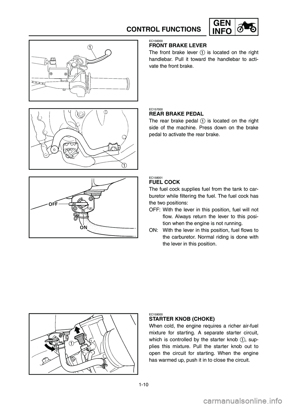 YAMAHA YZ125LC 2006 Owners Manual 1-10
GEN
INFO
CONTROL FUNCTIONS
EC156000
FRONT BRAKE LEVER
The front brake lever 1is located on the right
handlebar. Pull it toward the handlebar to acti-
vate the front brake.
EC157000
REAR BRAKE PED YAMAHA YZ125LC 2006 Owners Manual 1-10
GEN
INFO
CONTROL FUNCTIONS
EC156000
FRONT BRAKE LEVER
The front brake lever 1is located on the right
handlebar. Pull it toward the handlebar to acti-
vate the front brake.
EC157000
REAR BRAKE PED