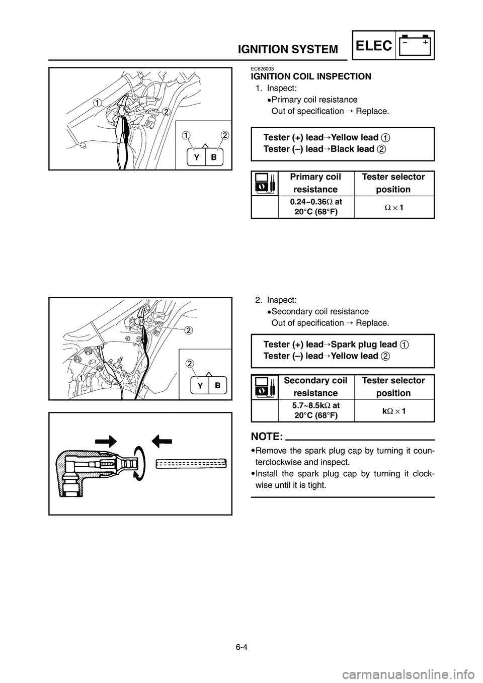 YAMAHA YZ125LC 2006  Notices Demploi (in French) 6-4
ELECIGNITION SYSTEM
EC626003
IGNITION COIL INSPECTION
1. Inspect:
9Primary coil resistance
Out of specification Replace.
2. Inspect:
9Secondary coil resistance
Out of specification Replace.
NOTE