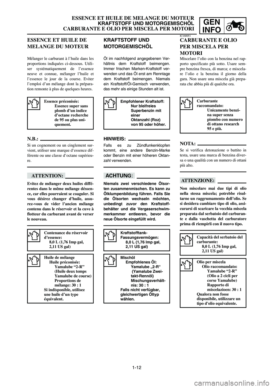 YAMAHA YZ125LC 2006 Notices Demploi (in French) 1-12
GEN
INFO
ESSENCE ET HUILE DE MELANGE DU MOTEUR
KRAFTSTOFF UND MOTORGEMISCHÖL
CARBURANTE E OLIO PER MISCELA PER MOTORI
KRAFTSTOFF UND
MOTORGEMISCHÖL
Öl im nachfolgend angegebenen Ver-
hältnis YAMAHA YZ125LC 2006 Notices Demploi (in French) 1-12
GEN
INFO
ESSENCE ET HUILE DE MELANGE DU MOTEUR
KRAFTSTOFF UND MOTORGEMISCHÖL
CARBURANTE E OLIO PER MISCELA PER MOTORI
KRAFTSTOFF UND
MOTORGEMISCHÖL
Öl im nachfolgend angegebenen Ver-
hältnis