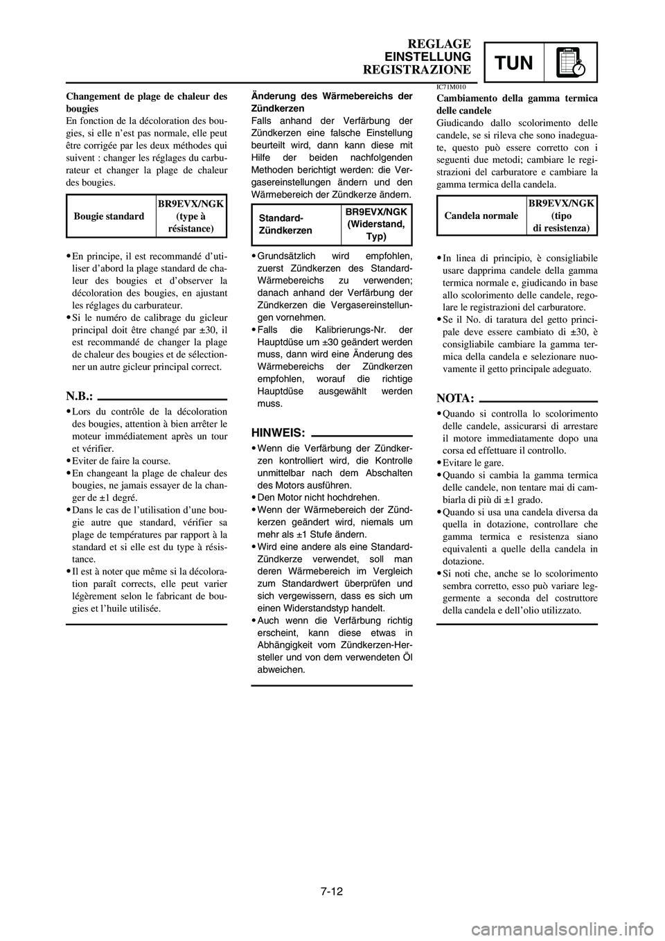YAMAHA YZ125LC 2006 Notices Demploi (in French) 7-12
TUN
REGLAGE
EINSTELLUNG
REGISTRAZIONE
Änderung des Wärmebereichs der
Zündkerzen
Falls anhand der Verfärbung der
Zündkerzen eine falsche Einstellung
beurteilt wird, dann kann diese mit
Hilfe YAMAHA YZ125LC 2006 Notices Demploi (in French) 7-12
TUN
REGLAGE
EINSTELLUNG
REGISTRAZIONE
Änderung des Wärmebereichs der
Zündkerzen
Falls anhand der Verfärbung der
Zündkerzen eine falsche Einstellung
beurteilt wird, dann kann diese mit
Hilfe