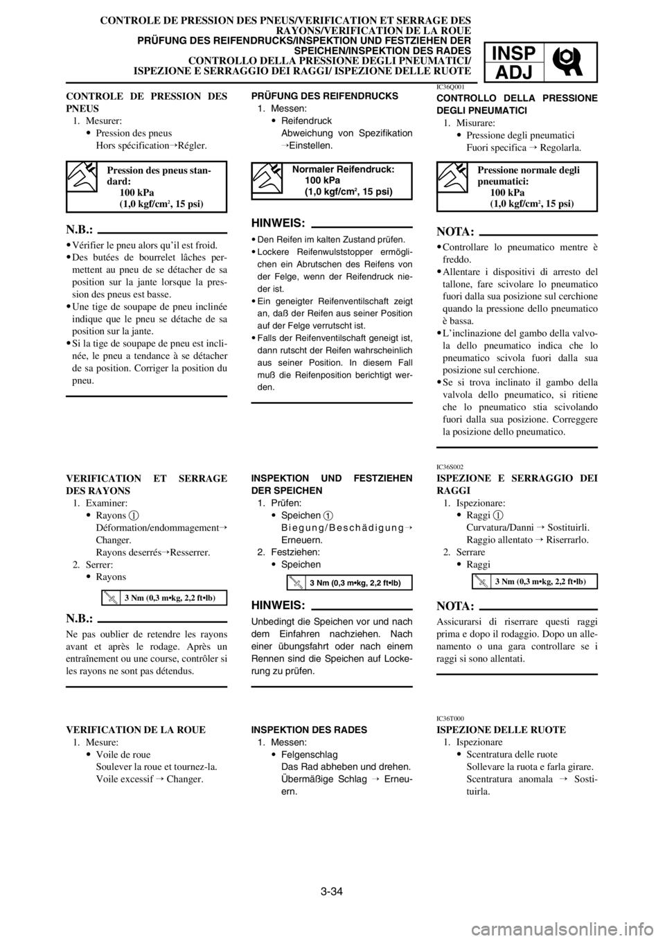 YAMAHA YZ125LC 2005  Owners Manual 3-34
CONTROLE DE PRESSION DES PNEUS/VERIFICATION ET SERRAGE DES
RAYONS/VERIFICATION DE LA ROUE
PRÜFUNG DES REIFENDRUCKS/INSPEKTION UND FESTZIEHEN DER 
SPEICHEN/INSPEKTION DES RADES
CONTROLLO DELLA PR