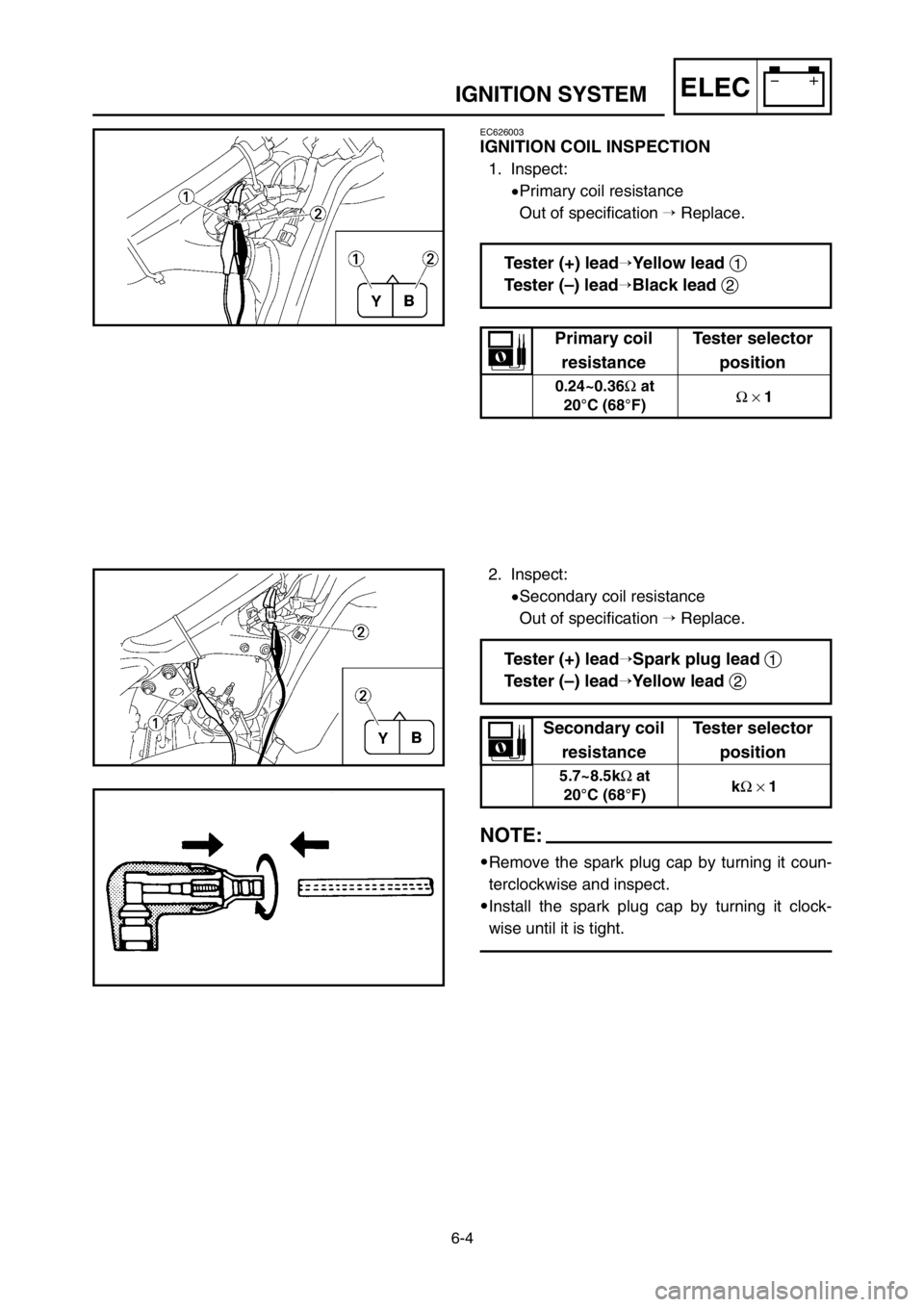 YAMAHA YZ125LC 2005  Notices Demploi (in French) 6-4
ELECIGNITION SYSTEM
EC626003
IGNITION COIL INSPECTION
1. Inspect:
9Primary coil resistance
Out of specification Replace.
2. Inspect:
9Secondary coil resistance
Out of specification Replace.
NOTE