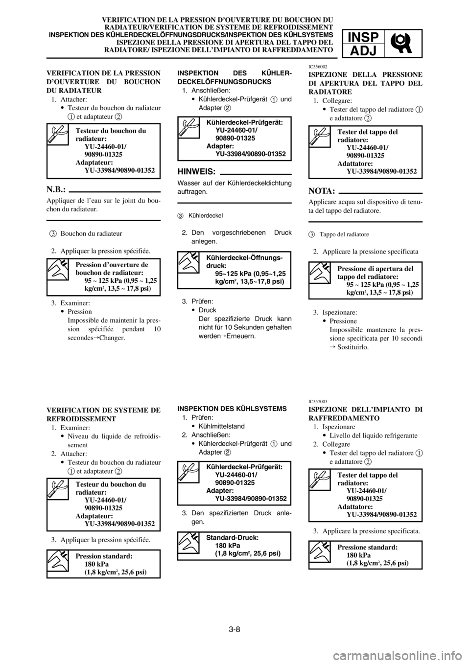 YAMAHA YZ125LC 2003 Notices Demploi (in French) 3-8
VERIFICATION DE LA PRESSION D’OUVERTURE DU BOUCHON DU
RADIATEUR/VERIFICATION DE SYSTEME DE REFROIDISSEMENT
INSPEKTION DES KÜHLERDECKELÖFFNUNGSDRUCKS/INSPEKTION DES KÜHLSYSTEMSISPEZIONE DELLA YAMAHA YZ125LC 2003 Notices Demploi (in French) 3-8
VERIFICATION DE LA PRESSION D’OUVERTURE DU BOUCHON DU
RADIATEUR/VERIFICATION DE SYSTEME DE REFROIDISSEMENT
INSPEKTION DES KÜHLERDECKELÖFFNUNGSDRUCKS/INSPEKTION DES KÜHLSYSTEMSISPEZIONE DELLA