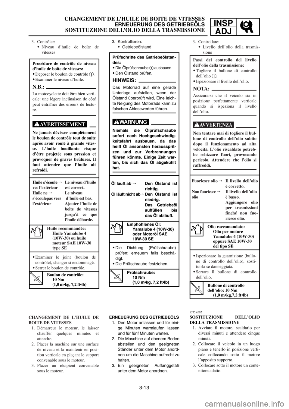 YAMAHA YZ125LC 2003  Notices Demploi (in French) 3-13
CHANGEMENT DE L’HUILE DE BOITE DE VITESSES
ERNEUERUNG DES GETRIEBEÖLS
SOSTITUZIONE DELL’OLIO DELLA TRASMISSIONE
INSP
ADJ
Prüfschritte des Getriebeölstan-
des:
9
Die Ölprüfschraube 1ausba