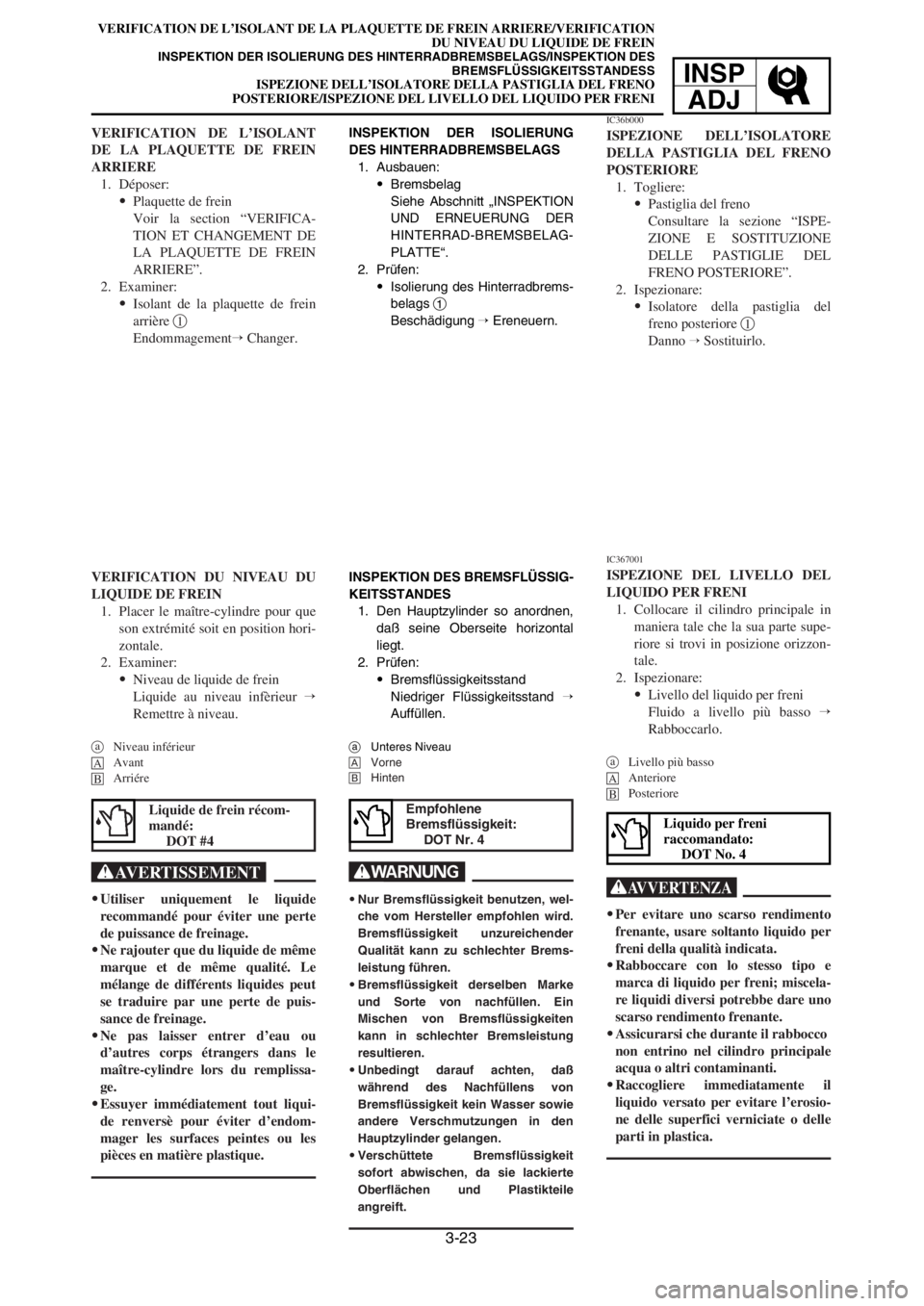 YAMAHA YZ125LC 2003  Owners Manual 3-23
VERIFICATION DE L’ISOLANT DE LA PLAQUETTE DE FREIN ARRIERE/VERIFICATION
DU NIVEAU DU LIQUIDE DE FREIN
INSPEKTION DER ISOLIERUNG DES HINTERRADBREMSBELAGS/INSPEKTION DES
BREMSFLÜSSIGKEITSSTANDES