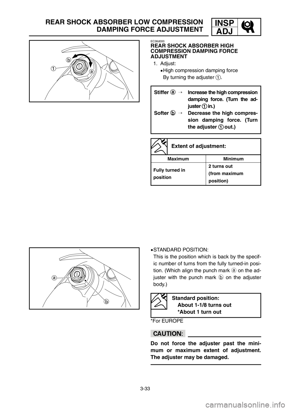 YAMAHA YZ125LC 2003  Notices Demploi (in French) 3-33
REAR SHOCK ABSORBER LOW COMPRESSION 
DAMPING FORCE ADJUSTMENTINSP
ADJ
EC36d000
REAR SHOCK ABSORBER HIGH
COMPRESSION DAMPING FORCE 
ADJUSTMENT
1. Adjust:
9High compression damping force
By turning