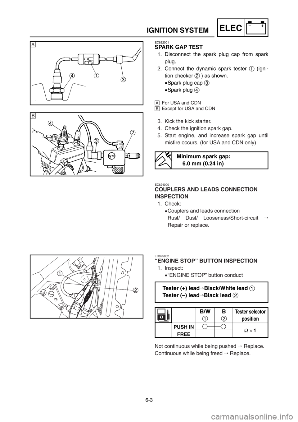 YAMAHA YZ125LC 2003  Owners Manual 6-3
ELECIGNITION SYSTEM
EC622001
SPARK GAP TEST
1. Disconnect the spark plug cap from spark
plug.
2. Connect the dynamic spark tester 1(igni-
tion checker 2) as shown.
9Spark plug cap 3
9Spark plug 4
