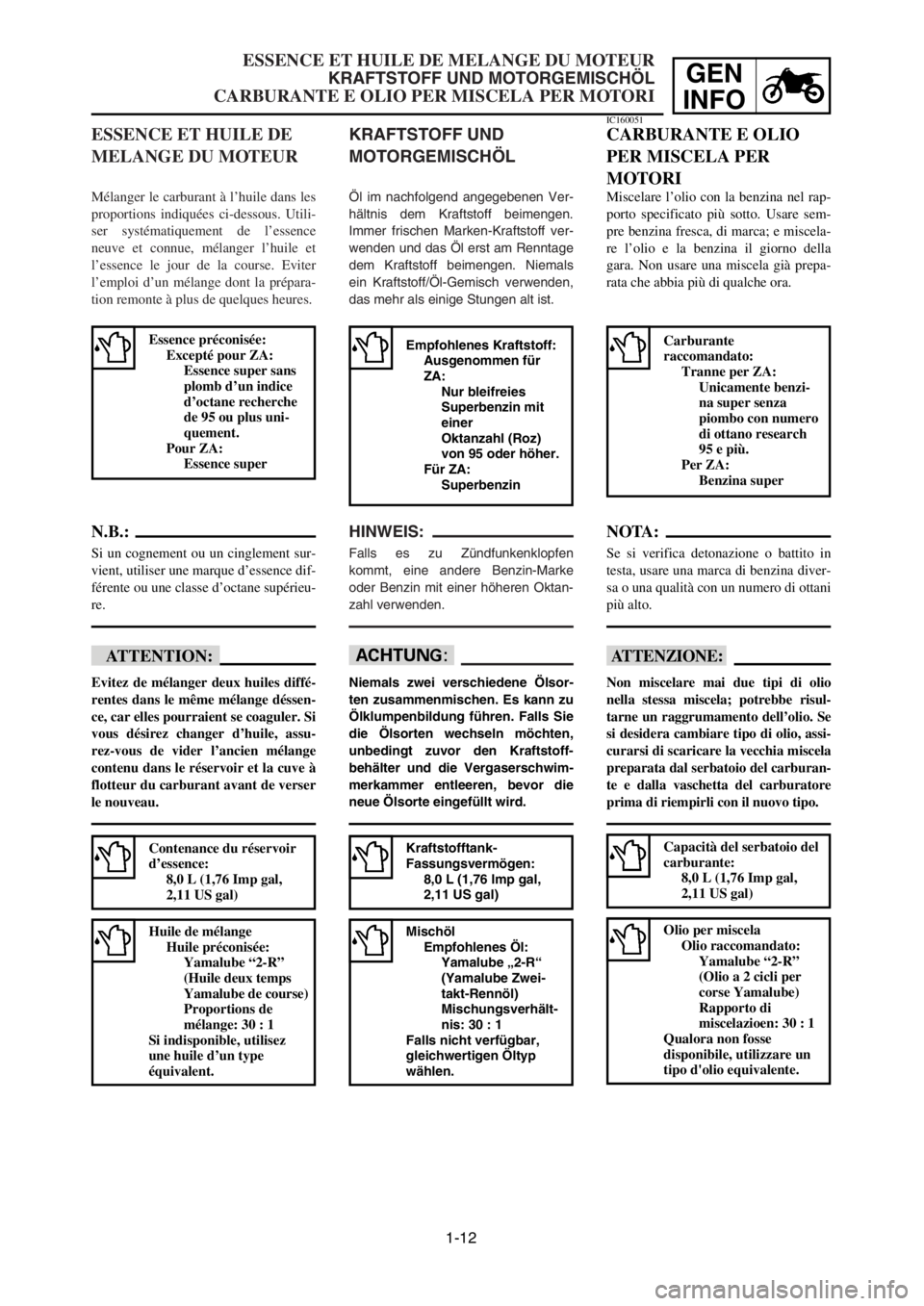 YAMAHA YZ125LC 2003 Notices Demploi (in French) 1-12
GEN
INFO
ESSENCE ET HUILE DE MELANGE DU MOTEUR
KRAFTSTOFF UND MOTORGEMISCHÖL
CARBURANTE E OLIO PER MISCELA PER MOTORI
KRAFTSTOFF UND
MOTORGEMISCHÖL
Öl im nachfolgend angegebenen Ver-
hältnis YAMAHA YZ125LC 2003 Notices Demploi (in French) 1-12
GEN
INFO
ESSENCE ET HUILE DE MELANGE DU MOTEUR
KRAFTSTOFF UND MOTORGEMISCHÖL
CARBURANTE E OLIO PER MISCELA PER MOTORI
KRAFTSTOFF UND
MOTORGEMISCHÖL
Öl im nachfolgend angegebenen Ver-
hältnis