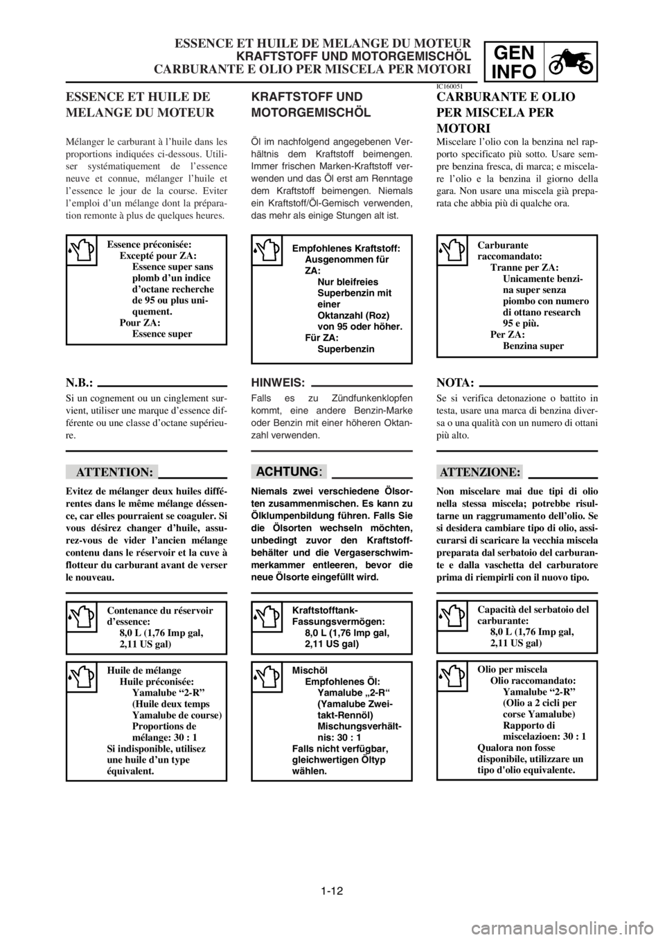 YAMAHA YZ125LC 2003  Manuale duso (in Italian) 1-12
GEN
INFO
ESSENCE ET HUILE DE MELANGE DU MOTEUR
KRAFTSTOFF UND MOTORGEMISCHÖL
CARBURANTE E OLIO PER MISCELA PER MOTORI
KRAFTSTOFF UND
MOTORGEMISCHÖL
Öl im nachfolgend angegebenen Ver-
hältnis 