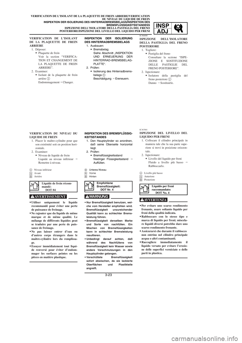 YAMAHA YZ125LC 2002  Owners Manual 3-23
VERIFICATION DE L’ISOLANT DE LA PLAQUETTE DE FREIN ARRIERE/VERIFICATION
DU NIVEAU DU LIQUIDE DE FREIN
INSPEKTION DER ISOLIERUNG DES HINTERRADBREMSBELAGS/INSPEKTION DES
BREMSFLÜSSIGKEITSSTANDES