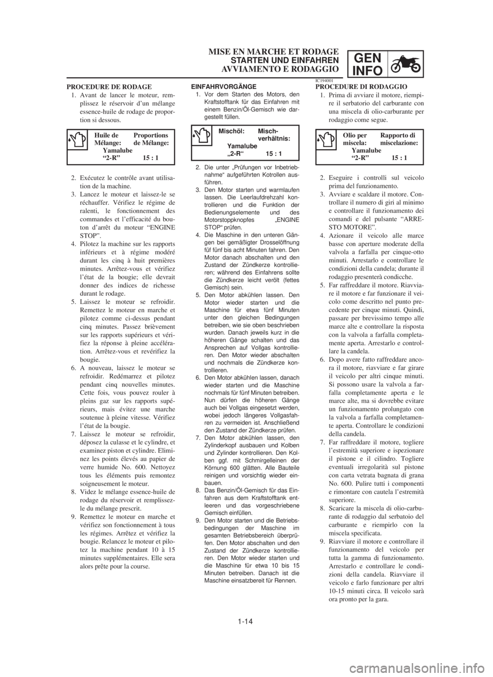 YAMAHA YZ125LC 2001  Notices Demploi (in French) 1-14
GEN
INFO
MISE EN MARCHE ET RODAGE
STARTEN UND EINFAHREN
AVVIAMENTO E RODAGGIO
EINFAHRVORGÄNGE1. Vor dem Starten des Motors, den
Kraftstofftank für das Einfahren mit
einem Benzin/Öl-Gemisch wie