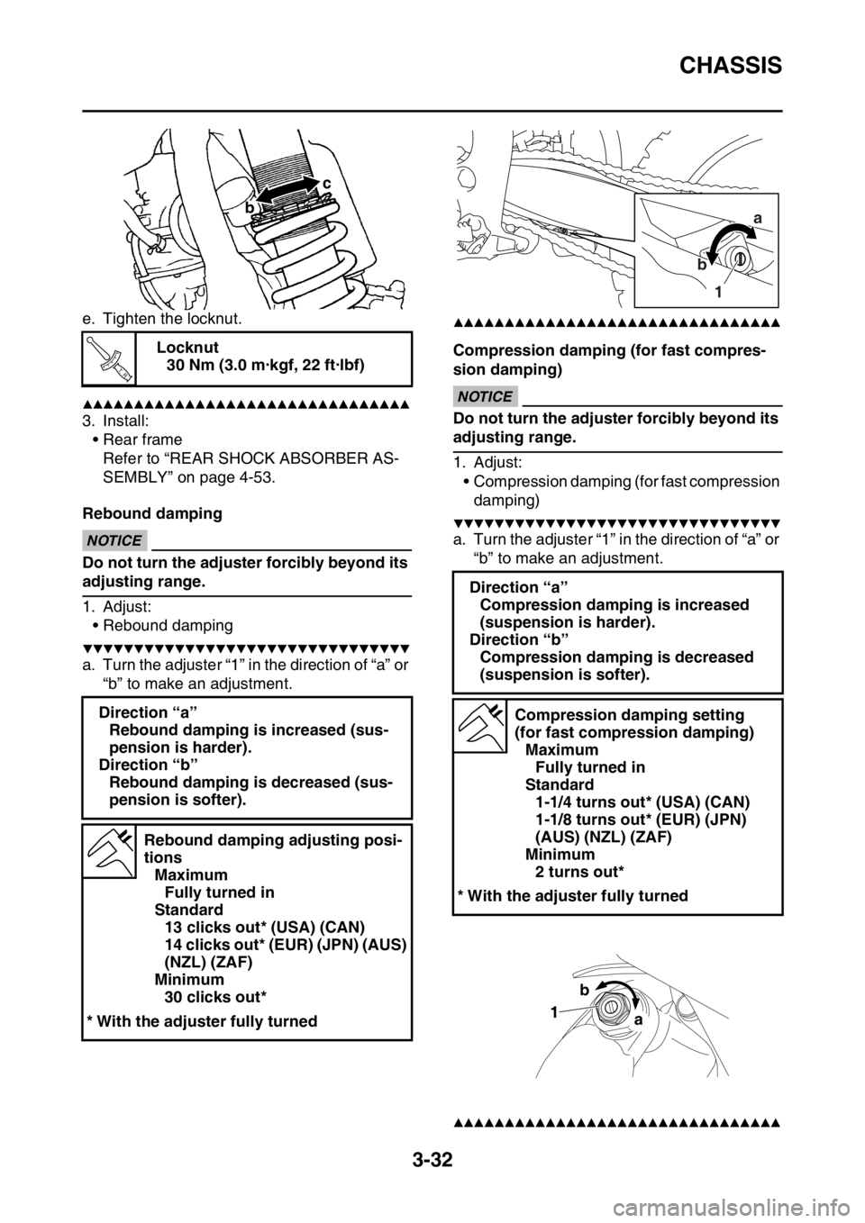 YAMAHA YZ250F 2016 Owners Manual CHASSIS
3-32
e. Tighten the locknut.
▲▲▲▲▲▲▲▲▲▲▲▲▲▲▲▲▲▲▲▲▲▲▲▲▲▲▲▲▲▲▲▲
3. Install:
• Rear frame
Refer to “REAR SHOCK ABSORBER AS-
SEM YAMAHA YZ250F 2016 Owners Manual CHASSIS
3-32
e. Tighten the locknut.
▲▲▲▲▲▲▲▲▲▲▲▲▲▲▲▲▲▲▲▲▲▲▲▲▲▲▲▲▲▲▲▲
3. Install:
• Rear frame
Refer to “REAR SHOCK ABSORBER AS-
SEM