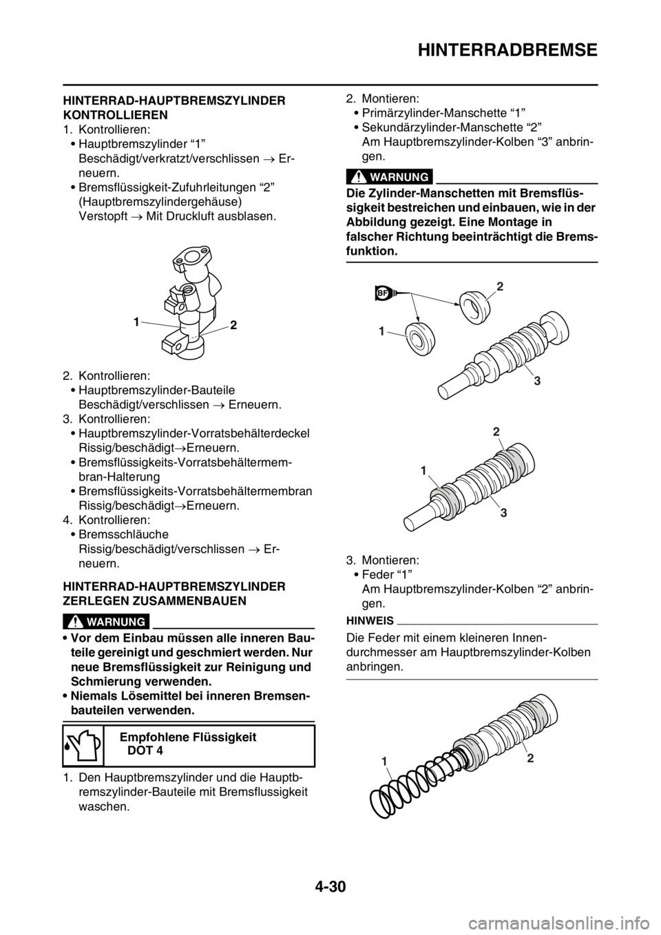 YAMAHA YZ250F 2016  Betriebsanleitungen (in German) HINTERRADBREMSE
4-30
GAS1SM5159HINTERRAD-HAUPTBREMSZYLINDER 
KONTROLLIEREN
1. Kontrollieren:
• Hauptbremszylinder “1”
Beschädigt/verkratzt/verschlissen  Er-
neuern.
• Bremsflüssigkeit-Zuf