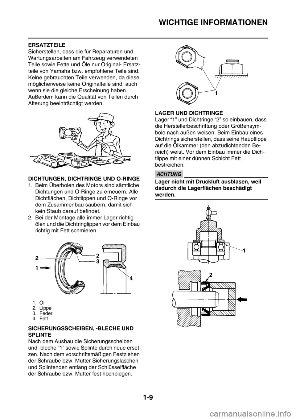 YAMAHA YZ250F 2016 Betriebsanleitungen (in German) WICHTIGE INFORMATIONEN
1-9
GAS1SM5024ERSATZTEILE
Sicherstellen, dass die für Reparaturen und
Wartungsarbeiten am Fahrzeug verwendeten
Teile sowie Fette und Öle nur Original- Ersatz-
teile von Yama YAMAHA YZ250F 2016 Betriebsanleitungen (in German) WICHTIGE INFORMATIONEN
1-9
GAS1SM5024ERSATZTEILE
Sicherstellen, dass die für Reparaturen und
Wartungsarbeiten am Fahrzeug verwendeten
Teile sowie Fette und Öle nur Original- Ersatz-
teile von Yama
