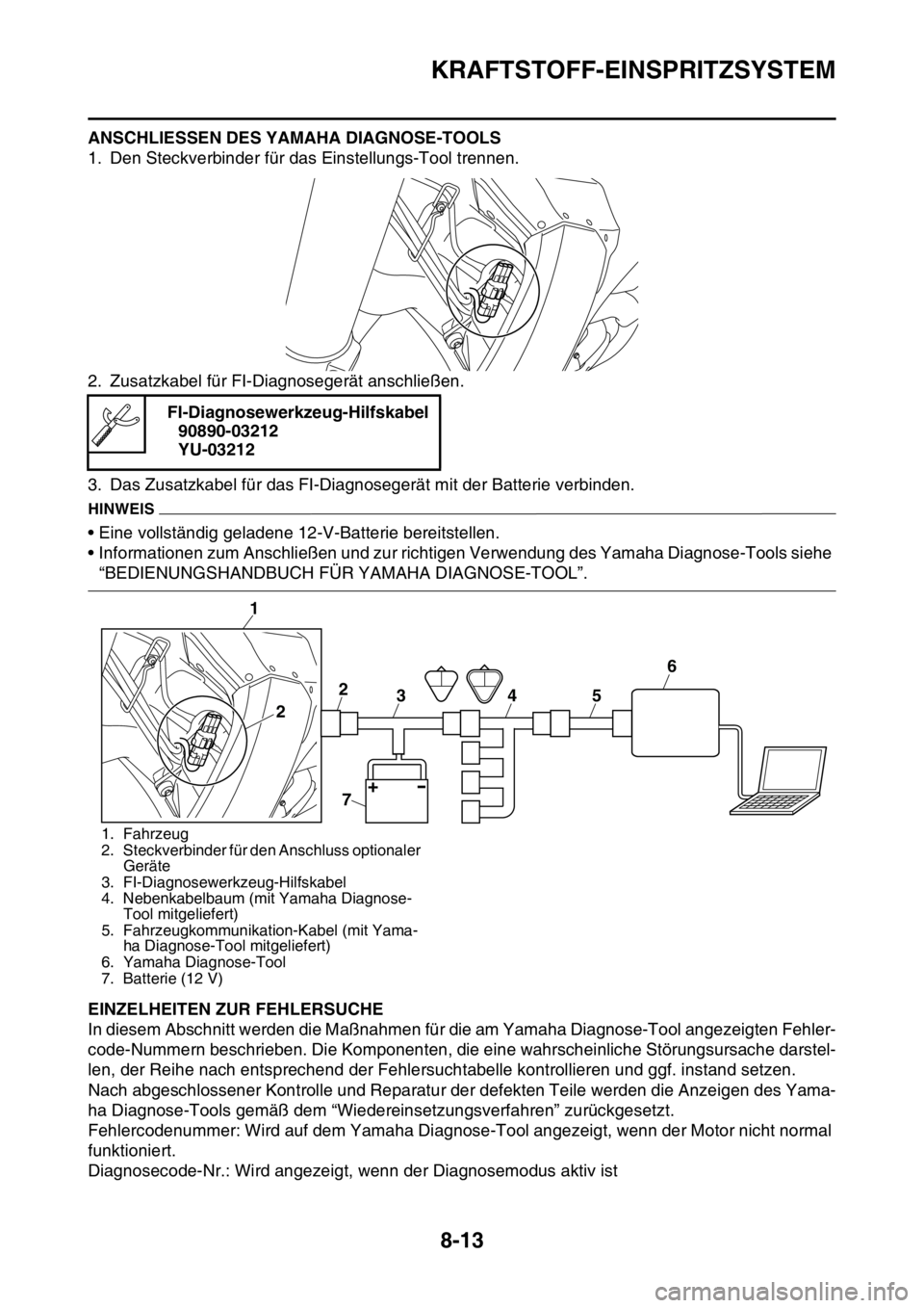 YAMAHA YZ250F 2016  Betriebsanleitungen (in German) KRAFTSTOFF-EINSPRITZSYSTEM
8-13
ANSCHLIESSEN DES YAMAHA DIAGNOSE-TOOLS
1. Den Steckverbinder für das Einstellungs-Tool trennen.
2. Zusatzkabel für FI-Diagnosegerät anschließen.
3. Das Zusatzkabel 