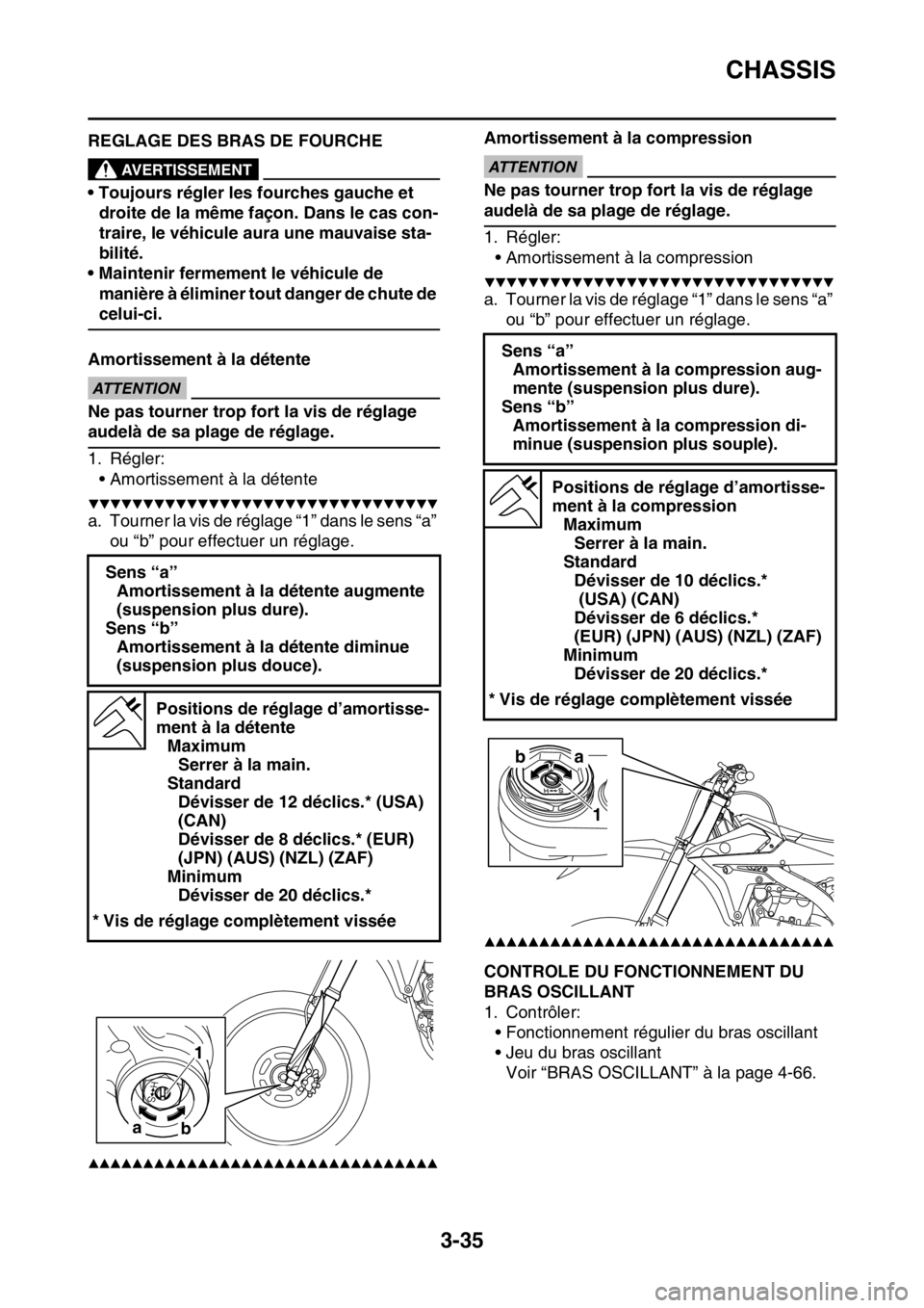 YAMAHA YZ250F 2016  Notices Demploi (in French) CHASSIS
3-35
FAS1SM5104REGLAGE DES BRAS DE FOURCHEEWA32D1006
AVERTISSEMENT
• Toujours régler les fourches gauche et 
droite de la même façon. Dans le cas con-
traire, le véhicule aura une mauvai